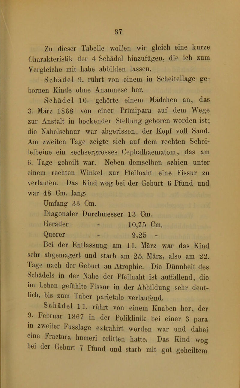 Zu dieser Tabelle wollen wir gleich eine kurze Charakteristik der 4 Schädel hinzufügen, die ich zum Vergleiche mit habe abbilden lassen. Schädel 9. rührt von einem in Scheitellage ge- bornen Kinde ohne Anamnese her. Schädel 10. gehörte einem Mädchen an, das 3. März 1868 von einer Primipara auf dem Wege zur Anstalt in hockender Stellung geboren worden ist; die Nabelschnur war abgerissen, der Kopf voll Sand. Am zweiten Tage zeigte sich auf dem rechten Schei- telbeine ein sechsergrosses Cephalhaematom, das am 6. Tage geheilt war. Neben demselben schien unter einem rechten Winkel zur Pfeilnaht eine Fissur zu verlaufen. Das Kind wog bei der Geburt 6 Pfund und war 48 Cm. lang. Umfang 33 Cm. Diagonaler Durchmesser 13 Cm. Gerader - 10,75 Cm. Querer . - 9,25 - Bei der Entlassung am 11. März war das Kind sehr abgemagert und starb am 25. März, also am 22. Tage nach der Geburt an Atrophie. Die Dünnheit des Schädels in der Nähe der Pfeilnaht ist auffallend, die im Leben gefühlte Fissur in der Abbildung sehr deut- lich, bis zum Tuber parietale verlaufend. Schädel 11. rührt von einem Knaben her, der 9. Febiuar 1867 in der Poliklinik bei einer 3 para in zweiter Fusslage extrahirt worden war und dabei eine Fractura humeri erlitten hatte. Das Kind wog bei dei Geburt 7 Pfund und starb mit gut geheiltem
