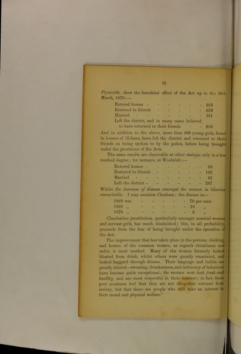 22 Plymouth, show the beneficial effect of the Act up to the 2ht.li March, 1870 Entered homes ------ 203 Restored to friends - - - - - 693 Married ------- X61 Left the district, and in many cases believed to have returned to tbeir friends - - 658 And in addition to the above, more than 500 young girls, found in houses of ill-fame, have left the district and returned to their friends on being spoken to by the police, before being brought under the provisions of the Acts. The same results are observable at other stations only in a less marked degree ; for instance, at Woolwich :— Entered homes - Restored to friends Married - - - Left the district - - 68 - 102 45 - 287 Whilst the decrease of disease amongst the women is likewise remarkable. I may mention Chatham ; the disease in— 1868 was - - - - - 70 per cent. 1869 „ ----- 18 „ 1870 „ ----- 6 „ Clandestine prostitution, particularly amongst married women and servant girls, has much diminished; this, in all probability, proceeds from the fear of being brought under the operation of the Act. The improvement that has taken place in the persons, clothing, and homes of the common women, as regards cleanliness and order, is most marked. Many of the women formerly looked bloated from drink, whilst others were greatly emaciated, and looked haggard through disease. Their language and habits are greatly altered—swearing, drunkenness, and indecency of behaviour have become quite exceptional; the women now look fresh and healthy, and are most respectful in their manner; in fact, these poor creatures feel that they are not altogether outcasts from society, but that there are people who still take an interest in their moral and physical welfare.”