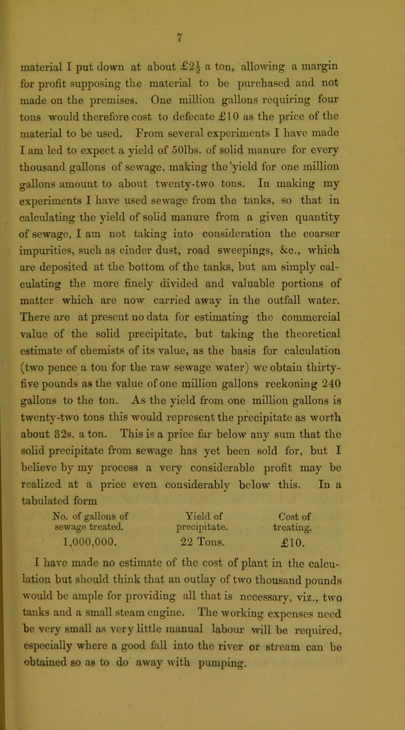 material I put down at about £2§ a ton, allowing a margin for profit supposing tlie material to be purchased and not made on the premises. One million gallons requiring four tons would therefore cost to defecate £ 10 as the price of the material to be used. From several experiments I have made I am led to expect a yield of 501bs. of solid manure for every thousand gallons of sewage, making the'yield for one million gallons amount to about twenty-two tons. In making my experiments I have used sewage from the tanks, so that in calculating the yield of solid manure from a given quantity of sewage, I am not taking into consideration the coarser impurities, such as cinder dust, road sweepings, &c., which are deposited at the bottom of the tanks, but am simply cal- culating the more finely divided and valuable portions of matter which are now carried away in the outfall water. There are at present no data for estimating the commercial value of the solid precipitate, but taking the theoretical estimate of chemists of its value, as the basis for calculation (two pence a ton for the raw sewage water) we obtain thirty- five pounds as the value of one million gallons reckoning 240 gallons to the ton. As the yield from one million gallons is twenty-two tons this would represent the precipitate as worth about 32s. a ton. This is a price far below any sum that the solid precipitate from sewage has yet been sold for, but I believe by my process a veiy considerable profit may be realized at a price even considerably below this. In a tabulated form No. of gallons of Yield of Cost of sewage treated. precipitate. treating. 1,000,000. 22 Tons. £10. I have made no estimate of the cost of plant in the calcu- lation but should think that an outlay of two thousand pounds would be ample for providing all that is necessary, viz., two tanks and a small steam engine. The working expenses need be very small as very little manual labour will be required, especially where a good fall into the river or stream can be obtained so as to do away with pumping.