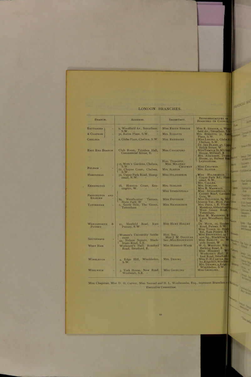 Battersea & Clapham Chelsea East End Branch Fulham - Hampstead Kensington Paddington Kilburn Tottenham 2, Woodfield Av., Streatham S.W. 31, Eaton Place, S.W. 2, Glebe Place, Chelsea, S.W Miss Edith Strode Mrs. Robarts Mrs. Rathbone Club Room, Tdynbee Hall, Commercial Street, E. I15, More's Gardens, Chelsea, J S.W. 1 77, Cheyne Court, Chelsea, I S.W. Miss Crockford Hon. Treasurer, Miss Mildred Chapman Mrs. Alston 52, Upper Park Road, Hamp- stead, N.W. Miss Hildksheim 18, Hornton Court, sington, W. Ken- Mrs. Schloss Miss Stkeatfeild 89, West bourne Terrace, Hyde Park, W. - 2, South Side, The Green, Tottenham Miss Davidson Miss Richardson Wandsworth Putney Southwark West Ham Wimbledon 21, Mexfield Road, Putney, S.W. East 1 Miss Hunt Holley | Women's University Settle- ] ment 44, Nelson Square, Black- l friars Road, S.E. Workmen’s Hall, Romford Road, Stratford, E. Woolwich 4, Edge Hill, Wimbledon, S.W. 3, York House, New Road, Woolwich, S.E. - Hon. Sec., Miss J. M. Douglas Sec.,MissBR0WN kigg Miss Hibbert-Wark Mrs. Dering Miss Grinling Representatives op Branches on Council. Miss E. Strode, 2, Woof field Av., Streatham, S.l Mrs. Robarts, 31, Eato Place, S.W. I Miss Loring,2, GlebeF j Chelsea, S.W. 1 Dr. Jex-Blake, 47, Up{> l Brook Street, W. MIssTemple, St. Mildred House, Millwall, E. Mrs. Atkinson, Dra[ House, 30, Bulwer Roa Leytonstone. Miss Chapman. Mrs. Alston. 0 l.et* . Gtit» or Hu 4 ■ !niu» Cl11 AibAssocuti M«n Chu.d«*5 s Sociin • tO.S,SO»Co» Miss Hildesheim, * Upper Park Rd., Ham stead, N.W. Mrs. Colles. Mrs. Schloss. Miss R. Marwood. ? Miss Streatfeild, Craven Road, Lanci Gate, W. Miss Davidson, 89. We. bourne Ter., Hyde Pi Mrs. Parr, i, E. Vicai Mansions,Abbotsfoi West Green Road, Tottenham. Miss M. Marrinbr, E Lynn, Woodberry Dot N. Dr Muir, 22, Haylev Road, Putney, S.W. Miss Tudor, 21. Mexi. Rd., East Putney, S. Miss Brownrigg, 44, son Sq., Blackfriar' Miss Barlow, 10, W pole Street, W W. G. Martley, Esq, Barking Road, E. Miss Hibbert - W.r “*UiH) . Workmen's Hall.lF ford Road, Stratford,' ■f,,.. Miss D. H.Carver,Inf by, EdgeHill, Wimble Mrs. Dering, 4, Edge Wimbledon, S.W. Miss Grinling. .. exr S r's Vaoc Ciimi Socittv • ’ CuimChi Fcid ■ 1 Comiirm t win Cbm ICA, Con mr Srn. I'm Crinuni) In Csiuiiss Socati ■ Butoti Qcus Uu, ^ Assocut m. lings . T#l Cuu 'it® C«n Miss Chapman, Miss D. H. Carver, Miss Samuel and H. L. Woollcombe, Esq., represent Branches 0 Executive Committee. GfUil iS)t . Ns c _ j Si S, c*u sa^ V V. %