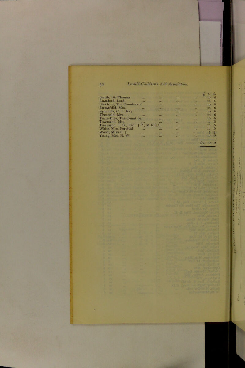 32 £ s. d. Smith, Sir Thomas ... ... ... ... io 6 Stamford, Lord ... ... ... ... io 6 Strafford, The Countess of ... ... ... io 6 Streatfeild, Mrs. ... ... ... ... io 6 Symonds, C. J., Esq. ... ... ... ... io 6 Theobald, Mrs. ... ... ... ... io 6 Torre-Dias, The Count de ... ... ... io 6 Townsend, Mrs. ... ... ... ... io 6 Townsend, T. S., Esq., J.P., M.R.C.S. ... ... io 6 White, Mrs. Percival ... ... ... ... io 6 Wood, Miss C. J. ... ... ... ... 5 3 Young, Mrs. H. W. ... ... ... ... 10 6