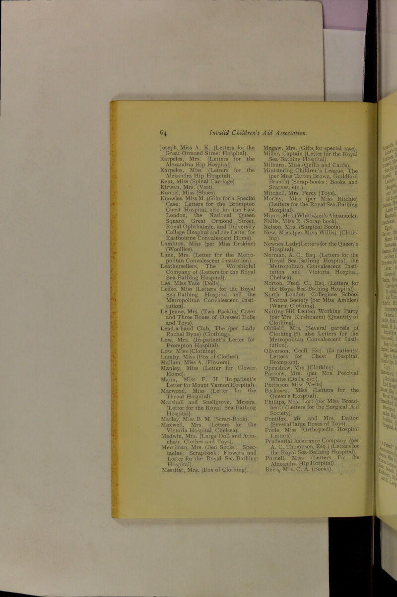 Joseph, Miss A. K. (Letters for the Great Ormond Street Hospital). Karpeles, Mrs. (Letters for the Alexandria Hip Hospital). Karpeles, Miss (Letters for the Alexandra Hip Hospital). Kent, Miss (Spinal Carriage). Kirwan, Mrs. (Vest). Knobel, Miss (Shoes). Knowles, MissM. (Gifts fora Special Case; Letters for the Brompton Chest Hospital, also for the East London, the National Queen Square, Great Ormond Street, Royal Ophthalmic, and University College Hospital and one Letter for Eastbourne Convalescent Home). Lambton, Miss (per Miss Erskine) (Woollies). Lane, Mrs. (Letter for the Metro- politan Convalescent Institution). Leathersellers, The Worshipful Company of (Letters for the Royal Sea-Bathing Hospital). I^e, Miss Yate (Dolls). I.eeke, Miss (Letters for the Royal Sea-Bathing Hospital and the Metropolitan Convalescent Insti- tution). Le Jeune, Mrs. (Two Packing Cases and Three Boxes of Dressed Dolls and Toys). Lend-a-hand Club, The (per Lady Rachel Byne) (Clothing). Low, Mrs. (In-patient's Letter for Brompton Hospital). Low, Miss (Clothing). Lumby, Miss (Box of Clothes). Mallam, Miss A. (Flowers). Manley, Miss (Letter for Clewer Home). Mann, Miss F. H. (Inpatient’s Letter for Mount Vernon Hospital). Marwood, Miss (Letter for the Throat Hospital). Marshall and Snellgrove, Messrs. (Letter for the Royal Sea-Bathing Hospital). Marley, Miss B. M. (Scrap-Book). Maxwell, Mrs. (Letters for the Victoria Hospital, Chelsea). Medwin, Mrs. (Large Doll and Arm- chair, Clothes and Toys). Merriman, Mrs. (Bed Socks ; Spec- tacles ; Scrapbook; Flowers and Letter for the Royal Sea-Bathing Hospital). Messiter, Mrs. (Box of Clothing). Megaw, Mrs. (Gifts for special case). Miller, Captain (Letter for the Royal Sea-Bathing Hospital). Milburn, Miss (Quilts and Cards). Ministering Children’s League, The (per Miss Tatton Brown, Guildford Branch) (Scrap-books; Books and Scarves, etc.) Mitchell, Mrs. Percy (Toys). Morley, Miss (per Miss Ritchie) (Letters for the Royal Sea-Bathing Hospital). Munro, Mrs. (Whittaker’s'Almanack). Nallis, Miss R. (Scrap-book). Nelson, Mrs. (Surgical Boots), New, Miss (per Miss Willis) (Cloth- ing). Newnes,Lady(Letters for the Queen's Hospital). Norman, A. C., Esq. (Letters for the Royal Sea-Bathing Hospital, the Metropolitan Convalescent Insti- tution and Victoria Hospital, Chelsea). Norton, Fred. C., Esq. (Letters for the Royal Sea-Bathing Hospital). North London Collegiate School Dorcas Society (per Miss Ambler) (Warm Clothing). Notting Hill Lenten Working Party (per Mrs. Kirshbaum) (Quantity of Clothing). Oldfield, Mrs. (Several parcels of Clothing (6), also Letters for the Metropolitan Convalescent Insti- tution). Oliverson, Cecil, Esq. (In-patients’ Letters for Chest Hospital, Brompton). Openshaw, Mrs. (Clothing). Parsons, Mrs. (per Mrs. Percival White (Dolls, etc.). Pattisson, Miss (Vests). Peckover, Miss (Letters for the Queen’s Hospital). Phillips, Mrs. Lort (per Miss Broad- bent) (Letters for the Surgical Aid Society). Pontifex, Mr. and Mrs. Dalton (Several large Boxes of Toys). Poole, Miss (Orthopaedic Hospital Letters). Prudential Assurance Company (per A. C. Thompson, Esq.) (Letters for the Royal Sea-Bathing Hospital). Purnell, Miss (Letters for the Alexandra Hip Hospital). Reiss, Mrs. C. A. (Books).