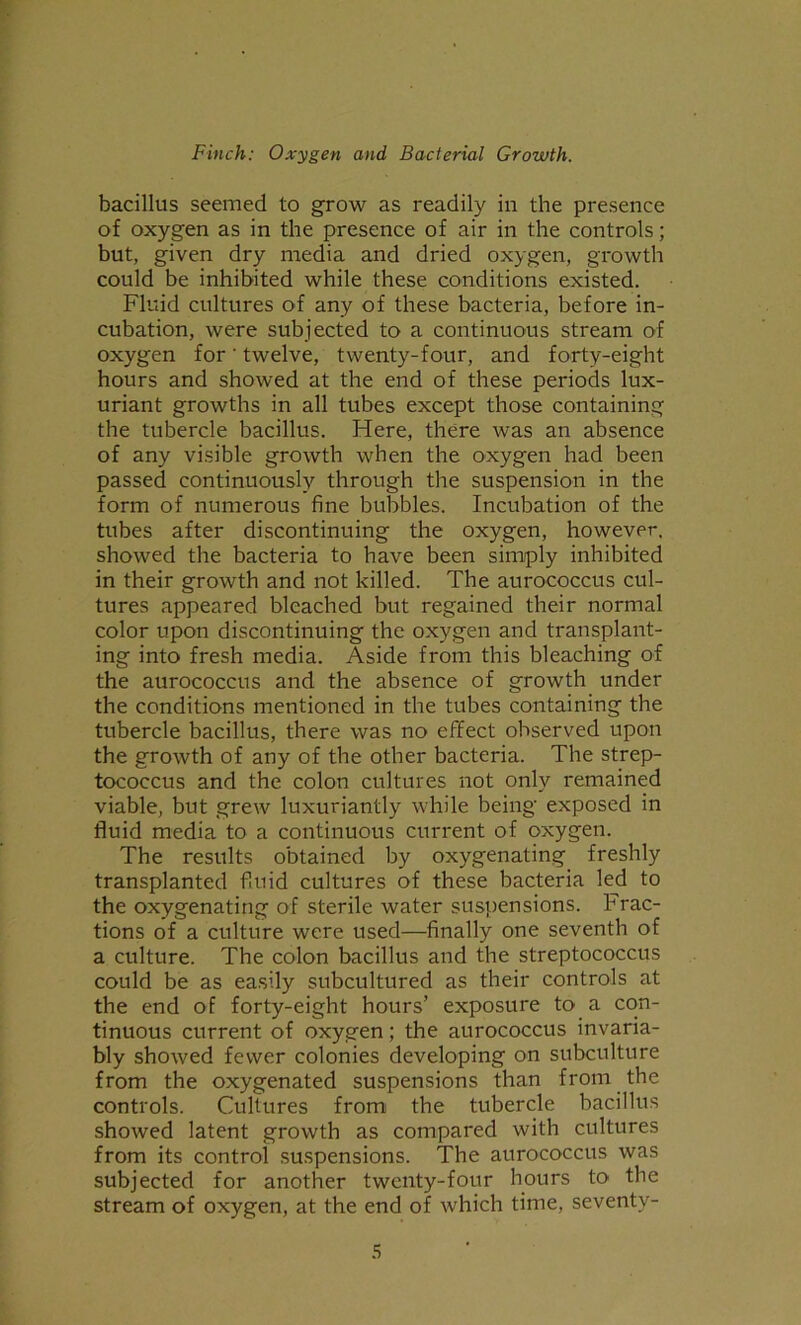 bacillus seemed to grow as readily in the presence of oxygen as in the presence of air in the controls; but, given dry media and dried oxygen, growth could be inhibited while these conditions existed. Fluid cultures of any of these bacteria, before in- cubation, were subjected to a continuous stream of oxygen for' twelve, twenty-four, and forty-eight hours and showed at the end of these periods lux- uriant growths in all tubes except those containing the tubercle bacillus. Here, there was an absence of any visible growth when the oxygen had been passed continuously through the suspension in the form of numerous fine bubbles. Incubation of the tubes after discontinuing the oxygen, however, showed the bacteria to have been simply inhibited in their growth and not killed. The aurococcus cul- tures appeared bleached but regained their normal color upon discontinuing the oxygen and transplant- ing into fresh media. Aside from this bleaching of the aurococcus and the absence of growth under the conditions mentioned in the tubes containing the tubercle bacillus, there was no effect observed upon the growth of any of the other bacteria. The strep- tococcus and the colon cultures not only remained viable, but grew luxuriantly while being exposed in fluid media to a continuous current of oxygen. The results obtained by oxygenating freshly transplanted faiid cultures of these bacteria led to the oxygenating of sterile water suspensions. Frac- tions of a culture were used—finally one seventh of a culture. The colon bacillus and the streptococcus could be as easily subcultured as their controls at the end of forty-eight hours’ exposure to a con- tinuous current of oxygen; the aurococcus invaria- bly showed fewer colonies developing on subculture from the oxygenated suspensions than from the controls. Cultures from the tubercle bacillus showed latent growth as compared with cultures from its control suspensions. The aurococcus was subjected for another twenty-four hours to the stream of oxygen, at the end of which time, seventv-