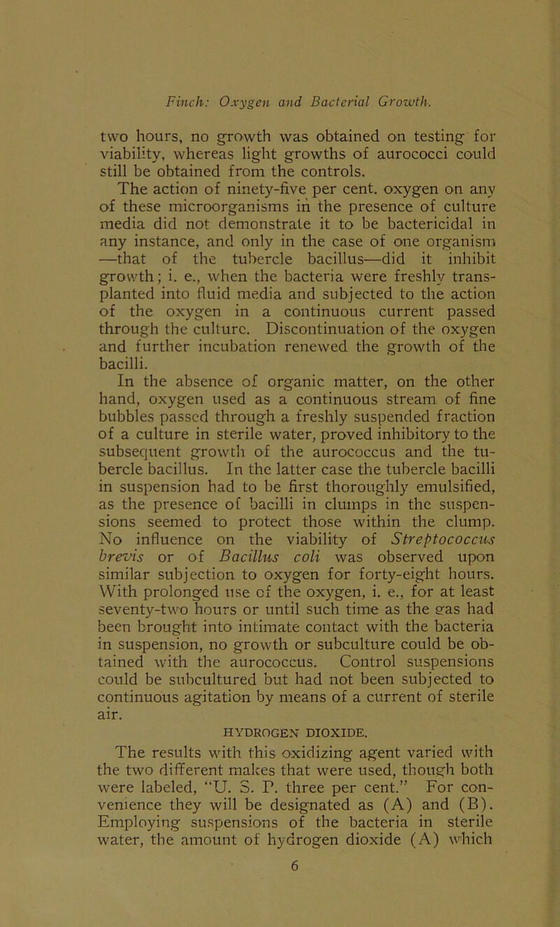 two hours, no growth was obtained on testing for viability, whereas light growths of aurococci could still be obtained from the controls. The action of ninety-five per cent, oxygen on any of these microorganisms in the presence of culture media did not demonstrate it to be bactericidal in any instance, and only in the case of one organism —that of the tubercle bacillus—did it inhibit growth; i. e., when the bacteria were freshly trans- planted into fluid media and subjected to the action of the oxygen in a continuous current passed through the culture. Discontinuation of the oxygen and further incubation renewed the growth of the bacilli. In the absence of organic matter, on the other hand, oxygen used as a continuous stream of fine bubbles passed through a freshly suspended fraction of a culture in sterile water, proved inhibitory to the subsequent growth of the aurococcus and the tu- bercle bacillus. In the latter case the tubercle bacilli in suspension had to be first thoroughly emulsified, as the presence of bacilli in clumps in the suspen- sions seemed to protect those within the clump. No influence on the viability of Streptococcus brevis or of Bacillus coli was observed upon similar subjection to oxygen for forty-eight hours. With prolonged use of the oxygen, i. e., for at least seventy-two hours or until such time as the gas had been brought into intimate contact with the bacteria in suspension, no growth or subculture could be ob- tained with the aurococcus. Control suspensions could be subcultured but had not been subjected to continuous agitation by means of a current of sterile air. HYDROGEN DIOXIDE. The results with this oxidizing agent varied with the two different makes that were used, though both were labeled, “U. S. T. three per cent.” For con- venience they will be designated as (A) and (B). Employing suspensions of the bacteria in sterile water, the amount of hydrogen dioxide (A) which