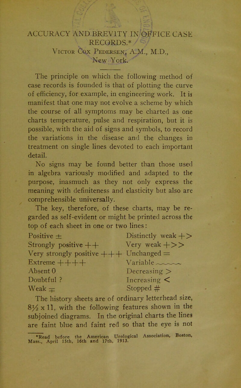 RECORDS.* Victor Cox Pedersen, A.M., M.D., New York. The principle on which the following method of case records is founded is that of plotting the curve of efficiency, for example, in engineering work. It is manifest that one may not evolve a scheme by which the course of all symptoms may be charted as one charts temperature, pulse and respiration, but it is possible, with the aid of signs and symbols, to record the variations in the disease and the changes in treatment on single lines devoted to each important detail. No signs may be found better than those used in algebra variously modified and adapted to the purpose, inasmuch as they not only express the meaning with definiteness and elasticity but also are comprehensible universally. The key, therefore, of these charts, may be re- garded as self-evident or might be printed across the top of each sheet in one or two lines: Positive ± Distinctly weak > Strongly positive-]—(- Very weak-)->> Very strongly positive Unchanged = Extreme -f--]—|--j- Absent 0 Doubtful ? Weak qr The history sheets are of ordinary letterhead size, 8y2 x 11, with the following features shown in the subjoined diagrams. In the original charts the lines are faint blue and faint red so that the eye is not •Read before the American Urological Association, Boston, Mass., April 15th, 16th and 17th, 1913. Variable Decreasing > Increasing < Stopped #