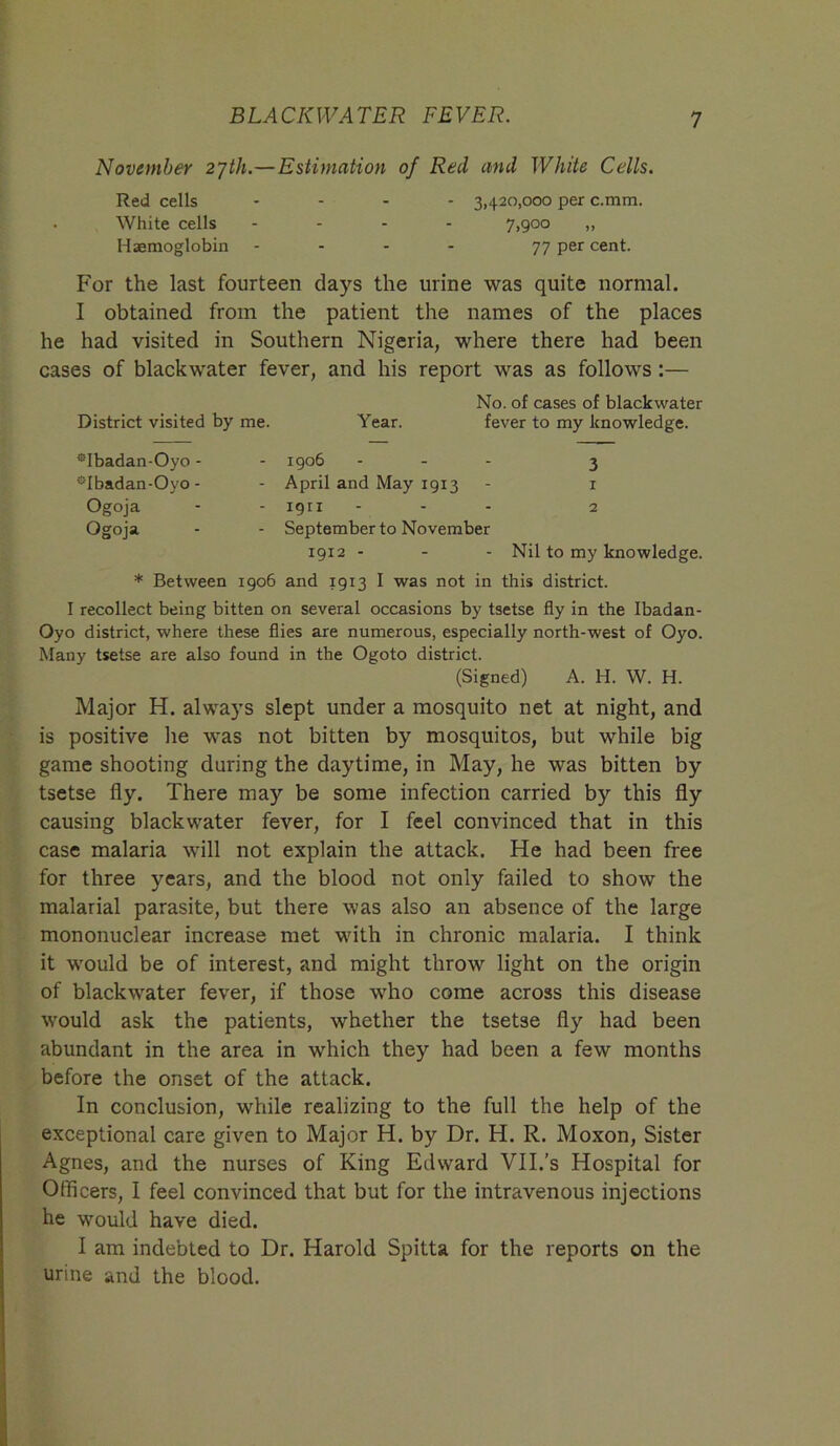 November 27th.—Estimation of Red and White Cells. Red cells .... 3,420,000 per c.mm. . White cells - - - 7.900 „ Haemoglobin - 77 per cent. For the last fourteen days the urine was quite normal. I obtained from the patient the names of the places he had visited in Southern Nigeria, where there had been cases of blackwater fever, and his report was as follows:— No. of cases of blackwater District visited by me. Year. fever to my knowledge. ®Ibadan-Oyo - sIbadan-Oyo - Ogoja Ogoja 1906 ... 3 April and May 1913 - 1 1911 ... 2 September to November 1912 - - - Nil to my knowledge. * Between 1906 and 1913 I was not in this district. I recollect being bitten on several occasions by tsetse fly in the Ibadan- Oyo district, where these flies are numerous, especially north-west of Oyo. Many tsetse are also found in the Ogoto district. (Signed) A. H. W. H. Major H. always slept under a mosquito net at night, and is positive he was not bitten by mosquitos, but while big game shooting during the daytime, in May, he was bitten by tsetse fly. There may be some infection carried by this fly causing blackwater fever, for I feel convinced that in this case malaria will not explain the attack. He had been free for three years, and the blood not only failed to show the malarial parasite, but there was also an absence of the large mononuclear increase met with in chronic malaria. I think it would be of interest, and might throw light on the origin of blackwater fever, if those who come across this disease would ask the patients, whether the tsetse fly had been abundant in the area in which they had been a few months before the onset of the attack. In conclusion, while realizing to the full the help of the exceptional care given to Major H. by Dr. H. R. Moxon, Sister Agnes, and the nurses of King Edward VII.’s Hospital for Officers, I feel convinced that but for the intravenous injections he would have died. I am indebted to Dr. Harold Spitta for the reports on the urine and the blood.