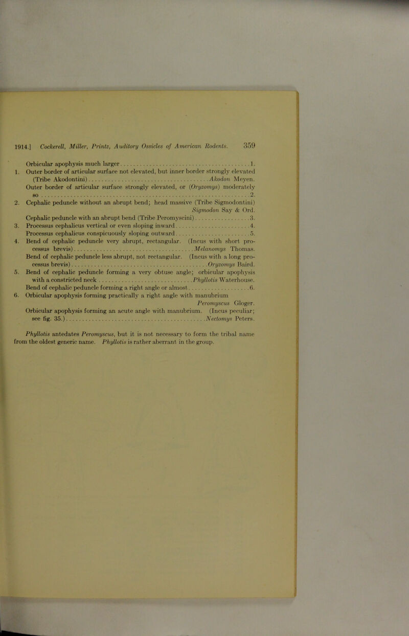 Orbicular apophysis much larger 1. 1. Outer border of articular surface not elevated, but inner border strongly elevated (Tribe Akodontini) Akodon Meyen. Outer border of articular surface strongly elevated, or (Oryzomys) moderately so 2. 2. Cephalic peduncle without an abrupt bend; head massive (Tribe Sigmodontini) Sigmodon Say & Ord. Cephalic peduncle with an abrupt bend (Tribe Peromyscini) 3. 3. Processus cephalicus vertical or even sloping inward 4. Processus cephalicus conspicuously sloping outward 5. 4. Bend of cephalic peduncle very abrupt, rectangular. (Incus with short pro- cessus brevis) Melanomys Thomas. Bend of cephalic peduncle less abrupt, not rectangular. (Incus with a long pro- cessus brevis) Oryzomys Baird. 5. Bend of cephalic peduncle forming a very obtuse angle; orbicular apophysis with a constricted neck Phyllolis Waterhouse. Bend of cephalic peduncle forming a right angle or almost 6. 6. Orbicular apophysis forming practically a right angle with manubrium Peromyscus Gloger. Orbicular apophysis forming an acute angle with manubrium. (Incus peculiar; see fig. 35.) Nedomys Peters. Phyllolis antedates Peromyscus, but it is not necessary to form the tribal name from the oldest generic name. Phyllotis is rather aberrant in the group.