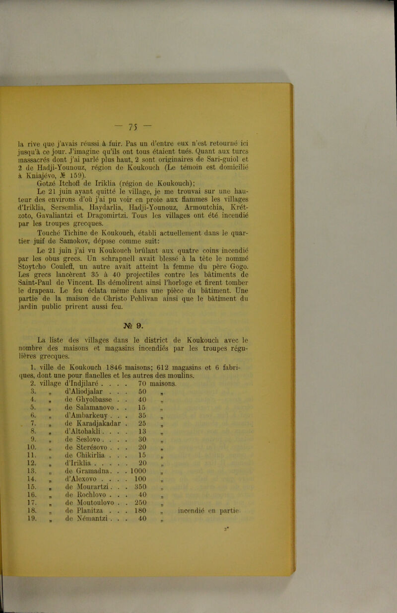 la rive que j’avais réussi à fuir. Pas un d’entre eux n’est retourné ici jusqu’à ce jour. J’imagine qu’ils ont tous étaient tués. Quant aux turcs massacrés dont j’ai parlé plus haut, 2 sont originaires de Sari-guiol et 2 de Hadji-Younouz, région de Koukouch (Le témoin est domicilié à Kniajévo, 159). Gotzé Itchoff de Iriklia (région de Koukouch); Le 21 juin ayant quitté le village, je me trouvai sur une hau- teur des environs d’où j’ai pu voir en proie aux flammes les villages d’Iriklia, Sersemlia, Haydarlia, Hadji-Younouz, Armoutchia, Krét- zoto, Gavaliantzi et Dragomirtzi. Tous les villages ont été incendié par les troupes grecques. Touché Tichine de Koukouch, établi actuellement dans le quar- tier juif de Samokov, dépose comme suit: Le 21 juin j’ai vu Koukouch brûlant aux quatre coins incendié par les obus grecs. Un schrapnell avait blessé à la tête le nommé Stoytcho Couleff, un autre avait atteint la femme du père Gogo. Les grecs lancèrent 35 à 40 projectiles contre les bâtiments de Saint-Paul de Vincent. Ils démolirent ainsi l’horloge et firent tomber le drapeau. Le feu éclata même dans une pièce du bâtiment. Une partie de la maison de Christo Pehlivan ainsi que le bâtiment du jardin public prirent aussi feu. No 9. La liste des villages dans le district de Koukouch avec le nombre des maisons et magasins incendiés par les troupes régu- lières grecques. 1. ville de Koukouch 1846 maisons; 612 magasins et 6 fabri- ques, dont une pour flanelles et les autres des moulins. 2. village d’Indjilaré . . . . 70 3. » d’Aliodjalar . . . 50 4. J) de Ghyolbasse . . 40 5. 1) de Salamanovo . . 15 6. » d’Ambarkeuy . . . 35 . 7. T) de Karadjakadar . 25 8. 1) d’Altohakli. . . . 13 9. n de Seslovo. . . . 30 10. a de Sterésovo . . . 20 11. a de Chikirlia . . . 15 12. n d’Iriklia .... . 20 13. a de Gramadna. . . 1000 14. a d’Alexovo . . . . 100 15. n de Mourartzi. . . 350 16. a de Rochlovo . . . 40 17. n de Moutoulovo . . 250 18. a de Planitza . . . 180 19. a de Némantzi . . . 40 incendié en partie. 2*