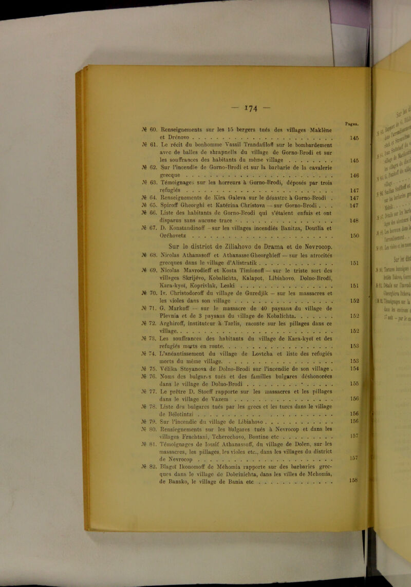 .N5 60. Renseignements sur les 15 bergers tués des villages Maklène et Drénovo A» 61. Le récit du bonhomme Vassil Trandafiloflf sur le bombardement avec de balles de shiapnells du village de Gorno-Brodi et sur les souffrances des habitants du même village A° 62. Sur l’incendie de Gorno-Brodi et sur la barbarie de la cavalerie grecque A° 63. Témoignages sur les horreurs à Gorno-Brodi, déposés par trois réfugiés A» 64. Renseignements de Kira Galeva sur le désastre à Gorno-Brodi . As 65. Spiroff Gheorghi et Ivatérina Christova — sur Gorno-Brodi . . . As 66. Liste des habitants de Gorno-Brodi qui s’étaient enfuis et ont disparus sans aucune trace • As 67. D. Ivonstandinoff - sur les villages incendiés Banitza, Doutlia et Oréhovetz Sur le district de Ziliahovo de Drama et de Nevrocop. .Ns 63. Nicolas Athanasoff et Athanassc Gheorghieff — sur les atrocités grecques dans le village d’Alistratik .Ns 69. Nicolas Mavrodieff et Kosta Timionoff — sur le triste sort des villages Skrijévo, Ivobalichta, Kalapot, Libiahovo, Dolno-Brodi, Kara-kyoï, Koprivlak, Leski As 70. Iv. Christodoroff du village de Guredjik — sur les massacres et les violes dans son village As 71. G. Markoff -- sur le massacre de 40 paysans du village de Plevnia et de 3 paysans du village de Kobalichta As 72. Arghiroff, instituteur à. Tarlis, raconte sur les pillages dans ce village As 73. Les souffrances des habitants du village de Kara-kyoï et des réfugiés morts en route As 74. L’anéantissement du village de Lovtcha et liste des réfugiés morts du même village As 75. Yélika Stoyanova de Dolno-Brodi sur l’incendie de son village . J'ê 76. Noms des bulgares tués et des familles bulgares déshonorées dans le village de Dolno-Brodi * As 77. Le prêtre D. Stocff rapporte sur les massacres et les pillages dans le village de Vazem As 78. Liste dos bulgares tués par les grecs et les turcs dans le village de Bélotintzi As 79. Sur l’incendie du village de Libiahovo As 80. Rensiegnements sur les bulgares tués à Nevrocop et dans les villages Frachtani, Tcherechovo, Boutine etc As 81. Témoignages de Iossif Athanassoff, du village de Dolen. sur les massacres, les pillages, les violes etc., dans les villages du district de Nevrocop As 82. Blagoï Ikonomoff de Méhomia rapporte sur des barbaries grec- ques dans le village de Dobrinichta, dans les villes de Mchomia, de Bansko, le village de Bania etc Fages. 145 145 146 147 147 147 148 150 tes rioles dis®*55 Sur te S », Tortures hunuique.- i brûlés ïaloio, Goret H 91. Détails sur l’incendi Gheorghieva Itckr* ü £ Témoignages sur li 1ms les environs e h mi - pif i( a 157 157 158 L ■