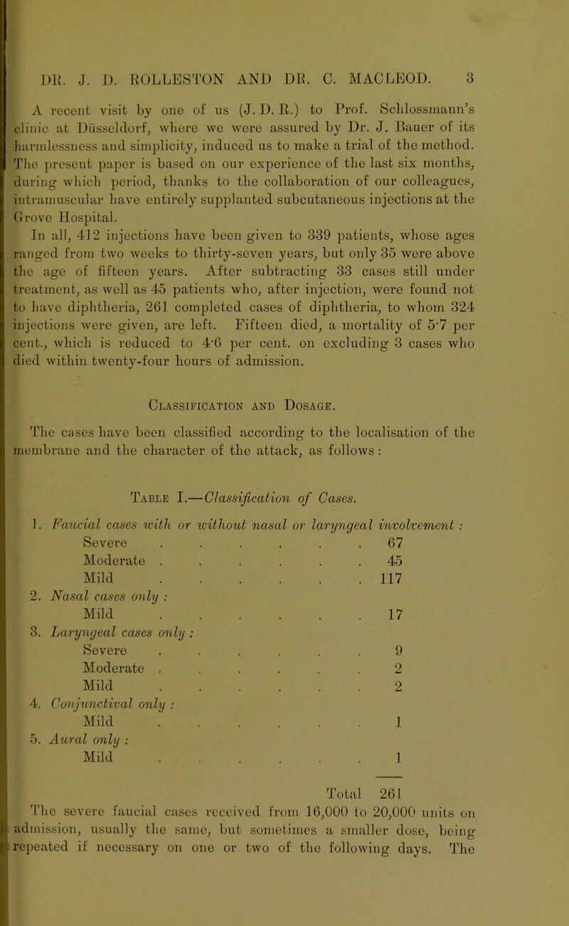 A recent visit by one of us (J. D. R.) to Prof. Schlossmann’s clinic at Diisseldorf, where we were assured by Dr. J. Bauer of its harmlessness and simplicity, induced us to make a trial of the method. The present paper is based on our experience of the last six months, during which period, thanks to the collaboration of our colleagues, intramuscular have entirely supplanted subcutaneous injections at the prove Hospital. In all, 412 injections have been given to 339 patients, whose ages ranged from two weeks to thirty-seven years, but only 35 were above the age of fifteen years. After subtracting 33 cases still under treatment, as well as 45 patients who, after injection, were found not to have diphtheria, 261 completed cases of diphtheria, to whom 324 injections were given, are left. Fifteen died, a mortality of 5-7 per cent., which is reduced to 4’6 per cent, on excluding 3 cases who died within twenty-four hours of admission. Classification and Dosage. The cases have been classified according to the localisation of the membrane and the character of the attack, as follows: Table I.—Classification of Cases. 1. Faucial cases with or without nasal or laryngeal involvement : Severe ...... 67 Moderate ...... 45 Mild 117 2. Nasal cases only : Mild 17 3. Laryngeal cases only : Severe ...... 9 Moderate ...... 2 Mild 2 4. Conjunctival only : Mild 1 5. Aural only ; Mild 1 Total 261 The severe faucial cases received from 16,000 to 20,000 units on admission, usually the same, but sometimes a smaller dose, being- repeated if necessary on one or two of the following days. The
