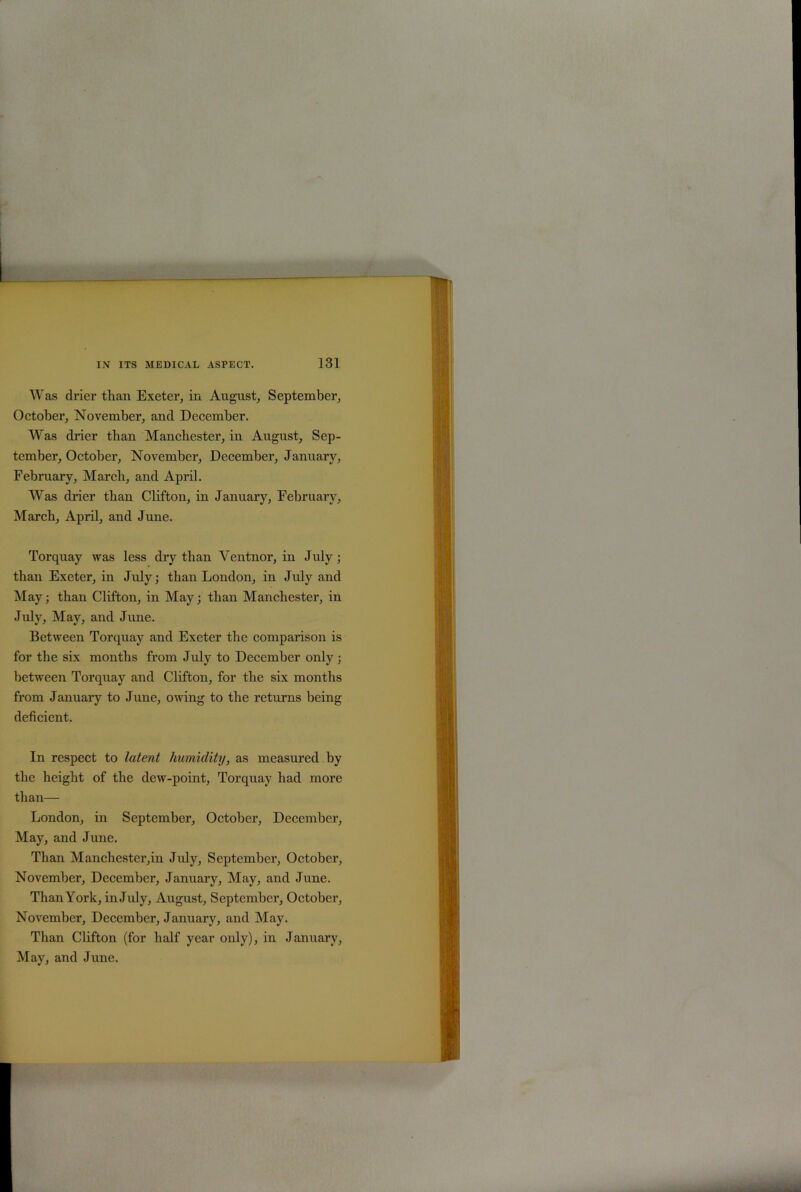 Was drier than Exeter, in August, September, October, November, and December. Was drier than Manchester, in August, Sep- tember, October, November, December, January, February, March, and April. Was drier than Clifton, in January, February, March, April, and June. Torquay was less dry than Ventnor, in July; than Exeter, in July; than London, in July and May; than Clifton, in May; than Manchester, in July, May, and June. Between Torquay and Exeter the comparison is for the six months from July to December only; between Torquay and Clifton, for the six months from January to June, owing to the returns being deficient. In respect to latent humidity, as measured by the height of the dew-point, Torquay had more than— London, in September, October, December, May, and June. Than Manchester,in July, September, October, November, December, January, May, and June. ThanYork, in July, August, September, October, November, December, January, and May. Than Clifton (for half year only), in January, May, and June.