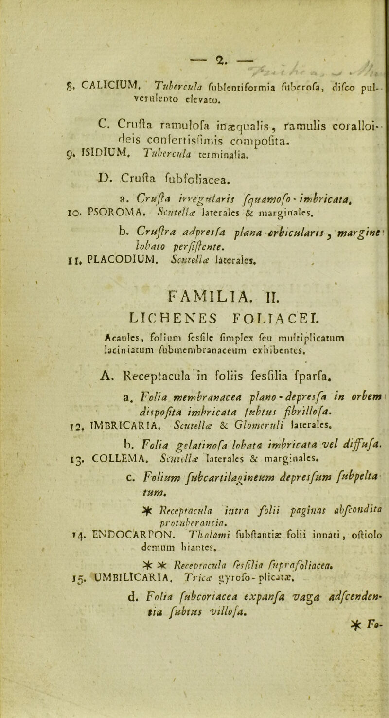 8* CALICIUM. Tubercula fublentiformia fuberofa, difco pul- verulento elevato. C. Cruda ramulofa inaequalis, ramulis coralloi- deis confertisfimis compofita. Q« ISIDIUM, Tubercula terminalia. D. Cruda fubfoliacea. a. Crnfla irregularis fqttamofo - imbricata, IO* PSOR.OMA. ScutelliC laterales & marginales. Cj b. Crujlra adpresfa plana orbicularis y margine' lobato perfiflcnte. 11. PLACODIUM. Scutella laterales, t FAMILIA. II. LICHENES FOLIACEI. AcanJcs, folium fesflc limplex feu multiplicatum laciniarum /ubrnembranaceum exhibentes. A. Receptacula in foliis fesfilia fparfa, a. Folia membranacea plano - depresfa in orbem diipofta imbricata fubtus fbrillofa. 12. TMBRICARIA. Scutella & Glomeruli laterales. b. Folia gelatinosa labata imbricata vel dijfaja. 13. COLLEM A. Sandice laterales & marginales. C. Folium fubcartilagineum depresfum fubpelta tum, Receptacula intra folii paginas abfeondita protuberantia, 14. ENDOCARPON. Thalami fubftantia: folii innati, oftiolo demum hiantes. Xc Receptacula fesfilia Cupra foliacea, J5. UMBILICARIA. Tricce gyrofo-plicator, d. Folia fnbcoriacca expanfa va^a adfcenden- tta fubttts villo [a. ^fc Fo-