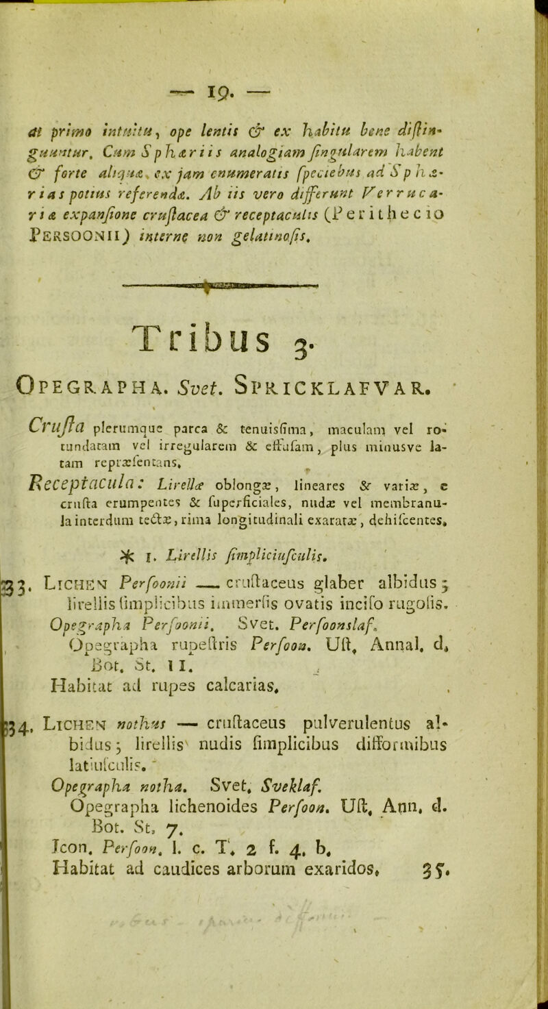 19- at primo intuitu, ope lentis & ex habitu bene diftin* guuntur, Cum S phar 11 s analogiam jin ojliarem habent C? forte aliqua* ex jam enumeratu fpeciebus ad <Spha- r i a s potius referenda. Ab iis vero differunt Verruca- r i a expanjione cruflacea & receptaculis (Perithecio Pe RSOONII^) interne non gelalinofis. Tribus 3. OpEGRAPH a. Svet. Si’ R.ICKLAFVAR. ’ % Cruftd plerumque parca & tenuistima, maculam vel ro- tundaram vel irregularem &: effufam, plus minusve la- tam repra?fentans. Receptacula: l irellce oblonga?, lineares Sc varias, e crufta erumpentes & lupcrficiales, nuda? vel membranu- Jainterdum te&a?,riina longitudinali exarata?, dehifcentes» >fc 1, Lirellis fimpliciufculis, bjj, Lichen Perfoomi — cruftaceus glaber albidus lirellis limplicibus immerlis ovatis incifo rugolis. Opegrapha Perfoonii. Svet. Perfoonslaf Opsgrapha rupePtris Perfoan. Uli, Annal. d4 Bot. St. II. Habitat ad rupes calcarias* Ltchen nothus — cruftaceus pulverulentus a!* bidusj lirellis nudis limplicibus difformibus latiulculis. Opegrapha notha. Svet, Sveklaf\ Opegrapha lichenoides Perfoon. Uft# Ann, d. Bot. St, 7. Habitat ad caudices arborum exaridos» V » #»l