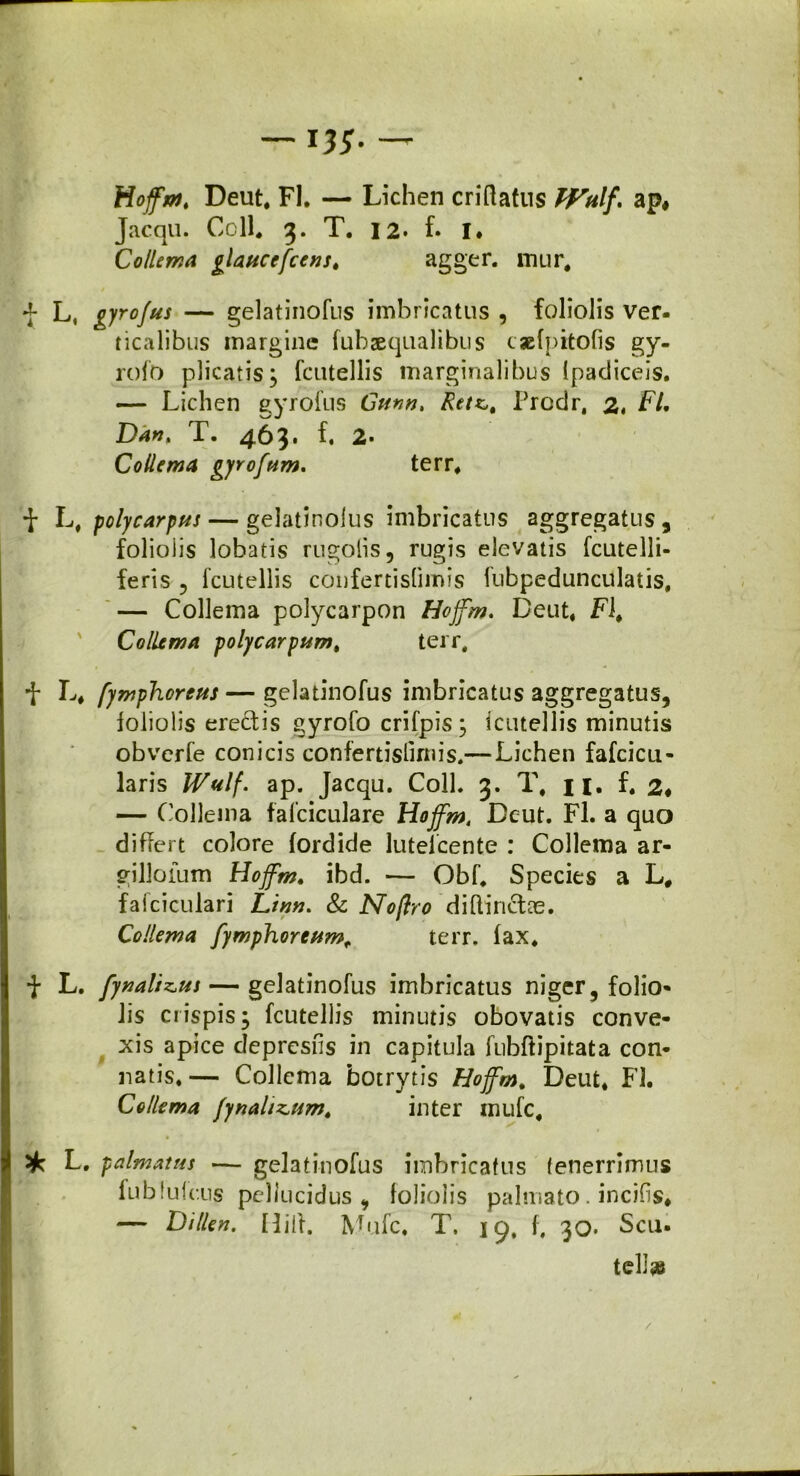 — 133- — Mofrn, Deut. Fl. — Lichen criftatus PFnlf. ap# Jacqu. Ccll. 3. T. 12. f. I. Collem a glaucefcens. agger. mur. f L, gyrofus — gelatinofus imbricatus , foliolis ver- ticalibus margine fubsequalibus cacfpitofis gy- roib plicatis j fcutellis marginalibus (padiceis. — Lichen gyrofus Gttnn, Retz,t Prodr, 2, L/. Dan, T. 463. f. 2* Collema gyrofum. terr. •f L, polycarpus— gelatinoius imbricatus aggregatus, foliolis lobatis rugolis, rugis elevatis fcutelli- ferls , fcutellis confertistimis lubpedunculatis, — Collema polycarpon Hoffm» Deut. Fl, Collema polycarpum, terr, f L. fymphoreus — gelatinofus imbricatus aggregatus, foliolis eredis gyrofo crifpis; fcutellis minutis obverfe conicis confertislimis.— Lichen fafcicu- laris Wulf. ap. Jacqu. Coli. 3. T. j 1. f. 2* — Collema fafciculare Hoffm, Dcut. Fl. a quo differt colore fordide luteicente : Collema ar- gilloium Hoffm. ibd. — Obf. Species a L# falciculari Linn. & Noftro diftiridns. Collema fymphoreumt terr. fax. f L. fynalizius — gelatinofus imbricatus niger, folio- lis crispis 3 fcutellis minutis obovatis conve- xis apice deprcsfis in capitula fubftipitata con- natis.— Collema botrytis Hoffm. Deut. FI. Collema fynaliz*nm. inter inufc. L. palmatus — gelatinofus imbricatus tenerrimus fu b luteus pellucidus, foliolis palmato. incifis. — Di lien. Hilf. Mule. T. 19, f, 30. Scu- tella /