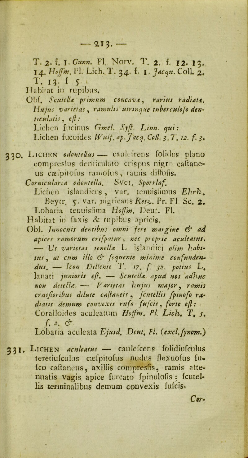 T. 2. f. l.Gttfin. FI. Norv. T. 2. f. 12. 13. 14. Hojfm, Pl. Lich. T. 34. f. 1. Jacqu. Coli. 2» T. 13, f 5 » Habitat in rupibus. Obf. Scutella primum concava, rartus radiata. Hujus varietas, ramulis utnnque tuberculojo den- ticulatis , efl: Lichen fucinus Gmel, Syfl Etnn. qui: Lichen fucoidts bVulf.ap.Jacq, Coli 3.T, 12. f. 3, 550. Lichen odontellus—- cauLicens folidus plano compresius denticulato crispus nigr caftane- us caefpirofus rainolus . ramis diffufis. Corniculana cdonteila, Svct. Sporrlaf Lichen islandicus, var. tenuisfimus EJirh. Beytr, 5. var. nigricans Retz.. Pr. FI Sc. 2♦ Lobaria tenuislima Hoffm. Deut. FI. Habitat in faxis & rupibus apricis, Obi. Innocuis dentibus omni fere margine CP ad apice t ramorum cnfpatur, nec prepne aculeatus, — Ut varietas tenella L islandici ohm habi- tus , at cum illo & [equenie minime confunden• dus, — Icon Dillcnu 7\ /7. / 32. potius L. lanati junioris efl. — ScuteiU apud nos adhuc non dtteUa. — Varietas hujus major, ramis crasjioyibus dilute caflanets , fcutelln fpinofo ra- diatis demum convexis rufo fu [cis, forte efl: Coralloides aculeatum Hoffm/, Pl. Licht T. /. ^ & Lobaria aculeata EjusdDeut. f/. (excl.fynom.) 331. Lichen aculeatus — caulelcens folidiufculus teretiufculus caefpitofus nudus flexuofus fu- fco caftaneus, axillis cornpresfis5 ramis atte- nuatis vagis apice furcato fpinulofis ; femel- lis terminalibus demum convexis fulcis* CV-