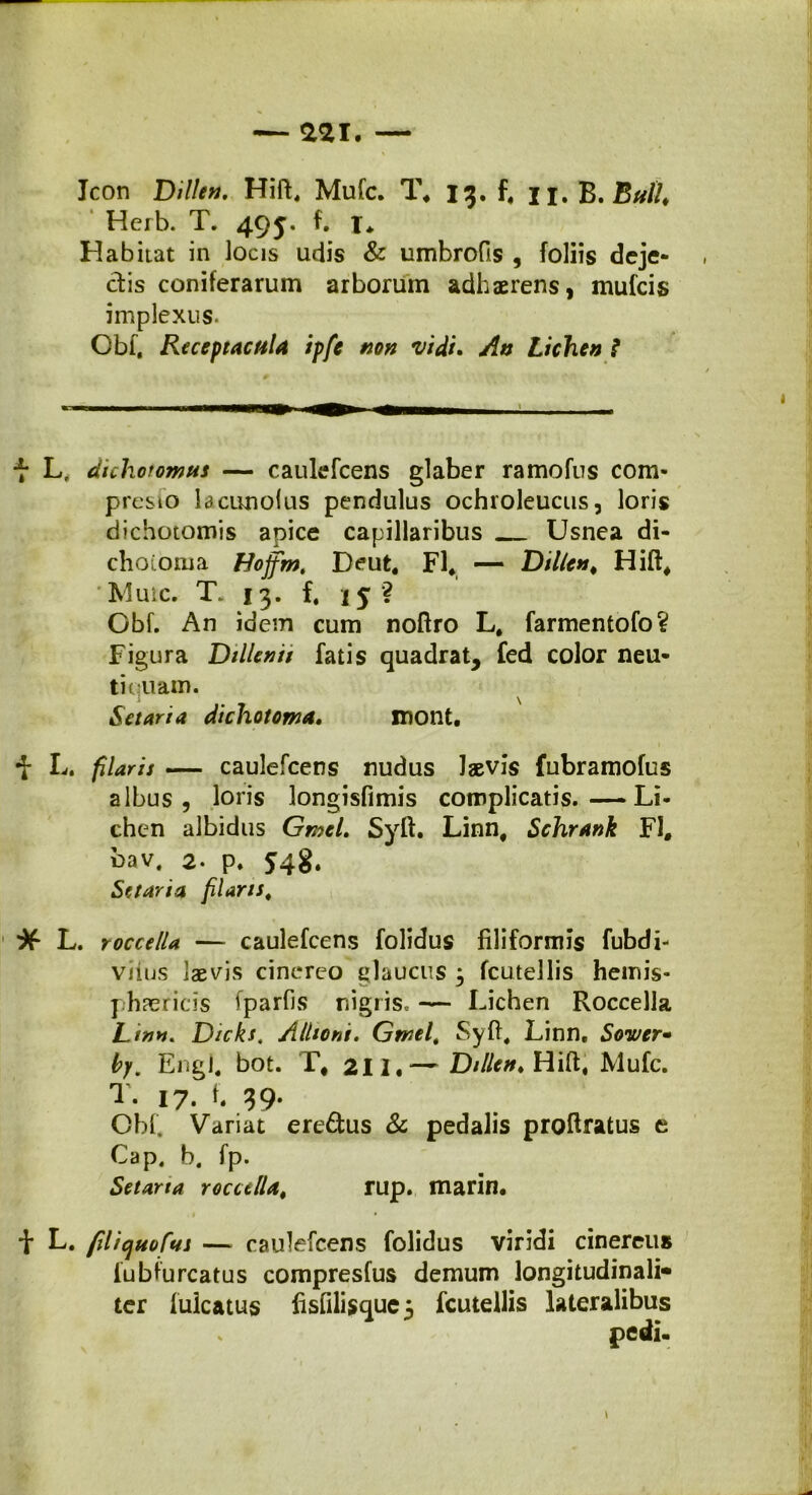 aai. — Icon Dillen. Hift, Mufc. T« 13. f. jj. B. Butl, Herb. T. 495. f. t* Habitat in locis udis & umbrofis , foliis deje- ctis coniferarum arborum adhaerens, mufcis implexus. Cbl, Receptacula ipfe non vidi. An Lichen ? ■{* L, dichotomus — caulefcens glaber ramofus com- presio Lcunoius pendulus ochroleucus, loris dichotomis apice capillaribus Usnea di- clioionia Hoffm. Deut. Fl* — DilleHift, 'Mute. T. 13. f, 1$? Gbf. An idem cum noftro L, farmentofo? Figura Dillentt fatis quadrat, fed color neu- titsuam. Sctaria dichotoma. mont. i L. filaris — caulefcens nudus laevis fubramofus albus, loris longisfimis complicatis.—Li- chen albidus Gmel. Syft. Linn# Schrank Fl# bav. 2. p. 548. Setaria filaris, % L. roccella — caulefcens folidus filiformis fubdi- viius laevis cinereo glaucus 3 fcutellis hemis- phaericis fparfis nigris. — Lichen Roccella Lwn. Dicks. AlUoni. Gwel, Syft. Linn» Sonuer- by. Eiigl. bot. T# 211.— Dillen. Hift, Mufc. T. 17. f. 39. Gbf. Variat ereftus & pedalis proftratus e Cap. b. fp. Setaria roccella# rup. marin. i L. fili quofus — caulefcens folidus viridi cinereus fubfurcatus compresfus demum longitudinali-* ter fuicatus fisfilisque3 fcutellis lateralibus pedi.
