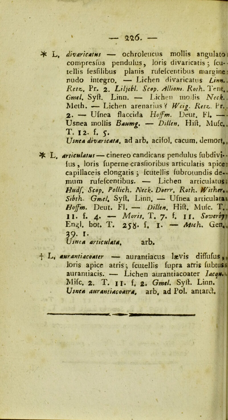 ^ L, divaricatus — ochroleucus mollis angulato compresfus pendulus, Joris divaricatis; fcu- tellis fesfilibus planis rufelcentibus margine nudo integro. — Lichen divaricatus Linn, RetzPr. 2. Liljtkl. Scop. /4lliom. Roth. Teni,. Gmel, Syft. Linn. — Lichen modis Neck.. Meth. — Lichen arenarius V Wctg. Retz, Pr. . 2. — Ufnea flaccida Hojfm. Deut. FI. Usnea mollis Baumg, — Dillen, Hift, Mufc,. T. 12. L 5. n Usnea divaricata, ad arb* acifol. cacum, demort, ^ L, articulatus — cinereo candicans pendulus fubdivt- • ius, loris fuperne crasfioribus articulatis apice capillaceis elongatis ; fcutellis fubrotundis de-> mum rufefcentibus. — Lichen articulatus ; Hudf Scop. Pollich. Neck* Doerr% Roth. Wither%, Sibth. Grnel. Syft, Linn. — Ufnea articulata* Hojfm» Deut. FI. — Dillen. Hift. Mufc. T.. II. f. 4. — Moris. T. 7. f. 11. Sowerojy Engl. bot. T. 258* f. I. — Muh. Gen^ 39 u Usnea articulata, arb. 1 f L, auranti aco ater — aurantiacus laevis diffufus*, Joris apice atris; fcutellis fupra atris fubtu$> aurantiacis. — Lichen aurantiacoater lacqu, Mifc. 2. T. 11. f. 2♦ Gmel, Sylt. Linn. Usnea auranti aco atra# arb, ad Pol. antarct. i.