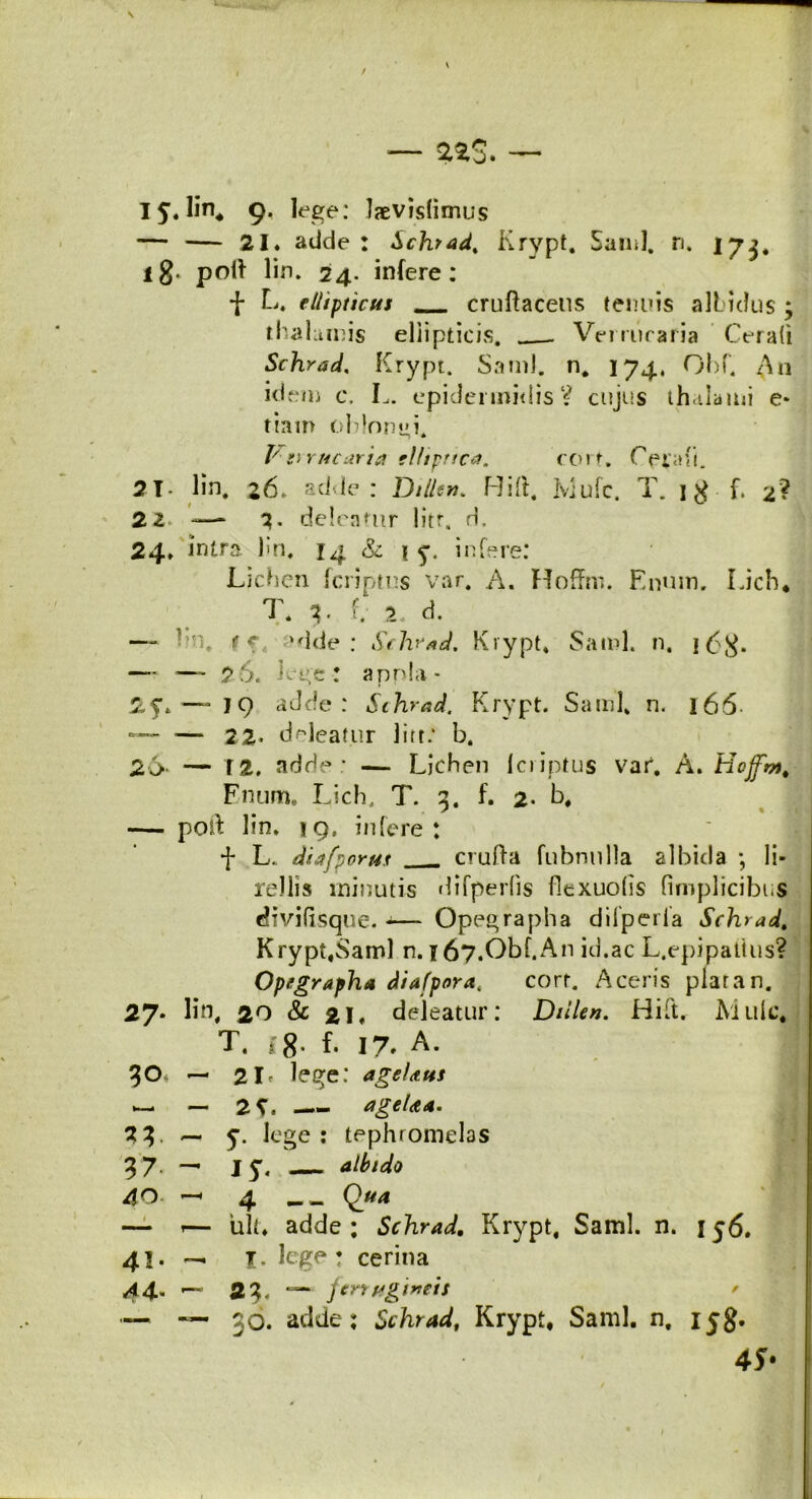 223. 1$. lin* 9, lege: Jaevislimus — — 21* adde : Schrad. Krypt. Sand. n. 173. ig. poti lin. 24. infere: f L, ellipticus _ cruftaceus tenuis albidus ; thalamis ellipticis. Vermcaria Cerafi Schrad, Krypt. Sami. n. 174, Obf4 4X11 idem c. L. epidermidis? cujus thalami e* tiain oblongi. VvYHcuria eUipnca. cort. C 21- lin. 26* adde: Dilltn. Hift. Ivlufc. T. 1 g f. 2? 2 2- — 3- deleamr litr, rl. 24» intra bn. 14 & 15*. infere: Lichen fcriptus var. A. HofTm. Enum. Lich* T. v f. 2, d. — lin. f 'dde : Schrad. Krypt. Sami. n. i6g. — —- 2 6. Lee: appla* — 19 adde: Schrad. Krypt. Sami. n. 166. — — 22. deleatur lirt: b. 26. — T 2. adde : — Lichen fcriptus var. A. Hoffm. Enum» Lich, T. 3. f. 2- b. — pod lin. jq, infere: f L. diafporus cruffa fubnulla albida ; li- rellis minutis difperfis flexuohs fimplicibiiS divifisque. -—- Opegrapha difperla Schrad. Krypt,Sami n. 167.Obf. An id.ac L.epipaitus? Opegrapha diafpora, corf. Aceris plaran. 27* lin# 20 Sc 21, deleatur: Dtilen. Hift. Mule* T. rg. f. 17. A. 30 — 2L lege: ageUus — — 2*. ageUa. 23. ~ y. lege: tephromelas 37- — 15. — ^^0 40 —• 4 — 1— iilt# adde; Schrad. Krypt. Sami. n. 156. 41. — T. lege ; cerina 44. — 23. — ferrugineis / — — 30. adde; Schrad, Krypt, Sami. n. 158. , 4f-
