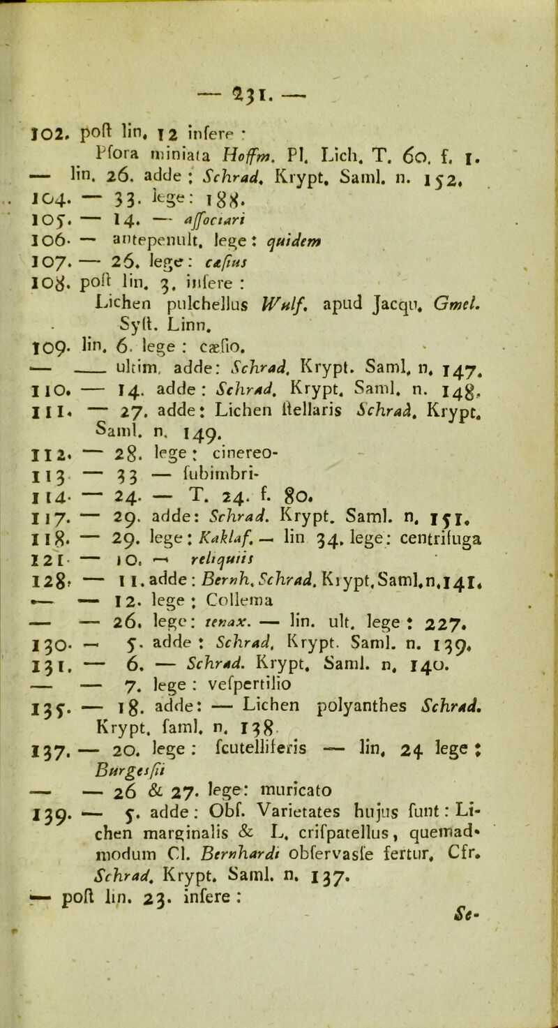 — $3i. — 102* poft lin, 12 infere : Hora miniata Hoffm. PI. Lich. T. 6o, f, i. — lin. 26. adde; Schrad. Krypt, Sami. n. 152* j04-« 1 33* • 18S* lOJ. — 14» — affoctari 106- — antepenult. lege: quidem 107. — 26. lege: capus 108. poft lin. 3, infere : Lichen pulchellus Wulf. apud Jacqu, Gmel. Syft. Linn. 109- l,n* 6. lege : caefio. — uliim. adde: Schrad, Krypt. Sami. n. 147. IlO. — 14. adde: Schrad. Krypt. Sami. n. 14$». III* — 27. adde: Lichen Itellaris Schrad. Krypt. Sami. n. 149. 112« — 28. lege ; cinereo- 113 — 3 3 — fubimbri- 114* — 24. — T. 24. f. 80. II7. — 29. adde: Schrad. Krypt. Sami. n. iyj. II8* — 29. lege; KakLf. — lin 34. lege: centrifuga 121 — iO, ^ reliquiis 128? — 11. adde : Bemh, Schrad, Krypt, Saml.n, 141* *— — 12. lege; Collema — — 26. lege: tenax. — lin. ult. lege: 227* I30* — 5* addet Schrad, Krypt. Sami. n. 139* 131. — 6. — Schrad. Krypt, Sami, n, 140.  — — 7. lege : vefpertilio Ijy. — 18. adde: — Lichen polyanthes Schrad. Krypt. fami, n, 13$. 137,— 20. lege: fcutelliferis — lin, 24 lege Burgesfii — — 26 & 27. lege: muricato 139. .— y, adde: Obf. Varietates hujus funt: Li- chen marginalis & L. crifpatellus, quemad* modum Cl. Bemhardt obfervasle fertur, Cfr* Schrad. Krypt. Sami. n. 137. St* ♦♦
