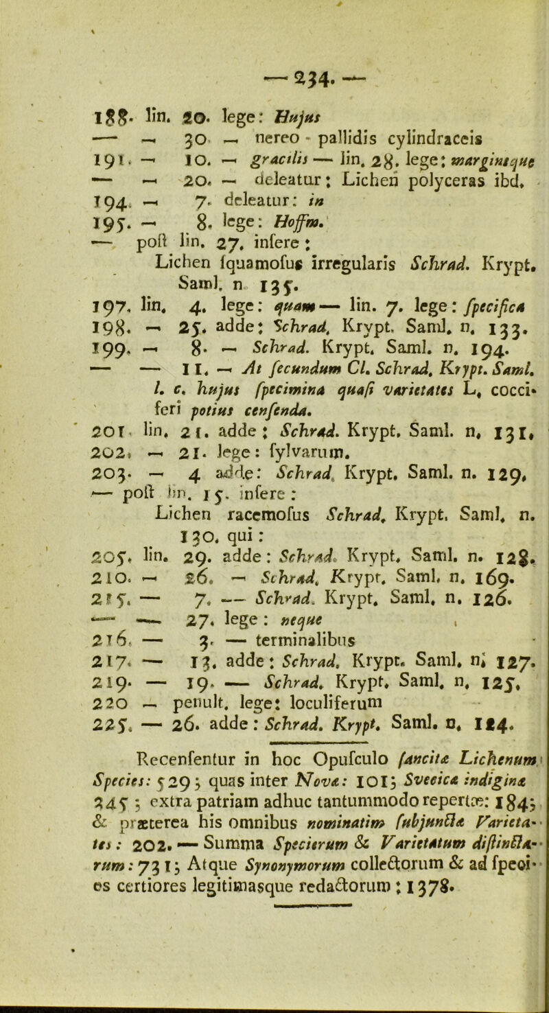 234.— l£J?. lin. go. lege: Hujus -— -« 30 — nereo - pallidis cylindraccis 191 v — IO. — gracilis — iin, 2%. lege; marginsque ~ —> 20« — deleatur; Lichen polyceras ibd, « T94* —< 7« deleatur: in 195* 8« Jcge: Hojfm.' •— poft lin, 27* infere : Lichen iquamofus irregularis Schrad. Krypt. Sami, n 135% J97. lin, 4. lege: quam— lin. 7. lege: fpecifca 198« — 25* adde: Schrad, Krypt. Sami. n. 133. *99* 8* — Schrad. Krypt* Sami. n. 194. — — 1l, — At fecundum CL Schradt Krypt. Sami. /. c. hujus fpecimina qua/i varietates L, cocci* feri potius cenfenda. 20 T* lin, 2 C • adde: Schrad. Krypt, Sami. n# 131* 202) —. 21« lege: fylvartun. 203. — 4 adde: Schrad Krypt, Sami. n. 129# — poli iir». jy. infere: Lichen racemofus Schrad. Krypt. Sami, n. 130. qui: 205% lin. 29. adde: Schrad* Krypt, Samii, n. 128. 210. — %6* — Schrad,„ Krypt. Sami, n. 169. 21^. — 7« — Schrad. Krypt. Sami, n. 126. —” —— 27* lege ■ neque , 216» — 3« — terminalibus 217' — I?. adde: Schrad. Krypt. Sami, n; 127. 219. — 19. — Schrad. Krypt, Sami, n, I2J. 2 20 — penult. lege: loculiferum 225, — 26. adde:5ffcr*4. Krypt, Sami, o, I «4. Recenfentur in hoc Opufculo fancita Lichenum Species: 529; quas inter Nova: IOi; Sveeica indigint 24y ; extra patriam adhuc tantummodo repertee: 184? & praeterea his omnibus nominati m fubjuntta Varieta- te»: 202. — Summa Specterum & Varietatum diftinfla-- rum: 73 1} Atque Synonymorum colledtorum & ad fpeoi* es certiores legitimasque reda&oruro ; 1378*