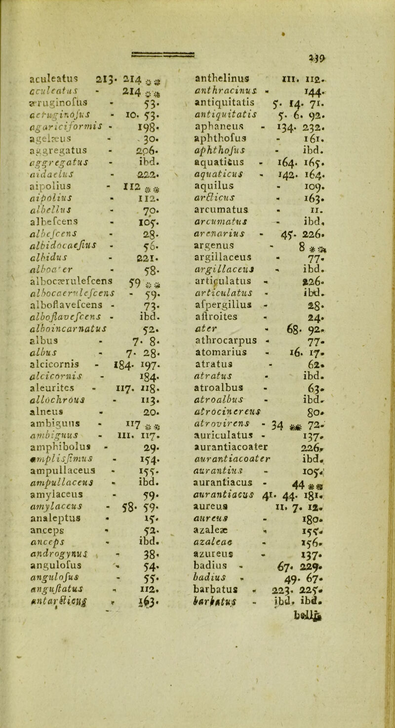 439 aculeatus 213. 214 1 -j* «p antbelinus III. II2,- ccui catus 214 anthr acinus m J44#r seruginofus 53» antiquitatis 5. 14. 71. aetuginojus io. 53. antiquitatis 5% 6. 92. agariciformis - 198« aphaneus - 134. 232. agelseus » 3o- aphthofus 161. aggregatus 20 6- aphthofus ibd. aggregatus ibd. aquaticus m 164. i6y. aidaelus 222. aquaticus 'm J42- 164. aipolius 112 aquilus 109. aipolius 112« arblicus 163. albellus 7p* arcumatus - 11. albefcens 107. ar cumatiis ibd. albefcens 28* arenarius m 47. 226« albidncaefius 56. argenus 8 albidus 221« argillaceus 77. alboarer 58- argillaceus -> ibd. alboc?erulefcens 59 a * articulatus 226- albocaer^.lefcens - 59« articulatus ibd. alboflavefcens - 73- afpergillus 28* alboflavcfcens - ibd. aiiroites 24. alboincarnatus 52. ater 68- 92* albus 7- 8* athrocarpus 77- albus 7- 28- atomarius 16. 17* alcicornis - igj.. 197. atratus 62. alcicornis J84- atratus ibd. aleurites 117. u8« atroalbus 63* alluchrous 113. atroalbus ibd- alneus 20« atrocincreus 80- ambiguus XI7 «* atrovirens 34 72- ambiguus HI. 117. auriculatus 137- ampbibolus 29. aurantiacoater 226, mmplisjimus J54» aurantiacoater ibd. ampullaceus *55» aur antius 107-' ampullaceus • ibd. aurantiacus m 44 amylaceus 59. aurantiacus 41* 44* I8I- amylaccus 58- 59» aureus 11. 7. i*. analeptus MT- aureus m i8°- anceps - 52. azalege * i5<- anceps ibd. azaleac 156* androgynus 38’ azureus - 137. angulofus 54» badius - 67« 229. angulofus 55» badius 49. 67- angujlatus 112. barbatus 223. 227* Mntarfiicng ? i^3* bark/ttus ibd. ibd. bftUft )