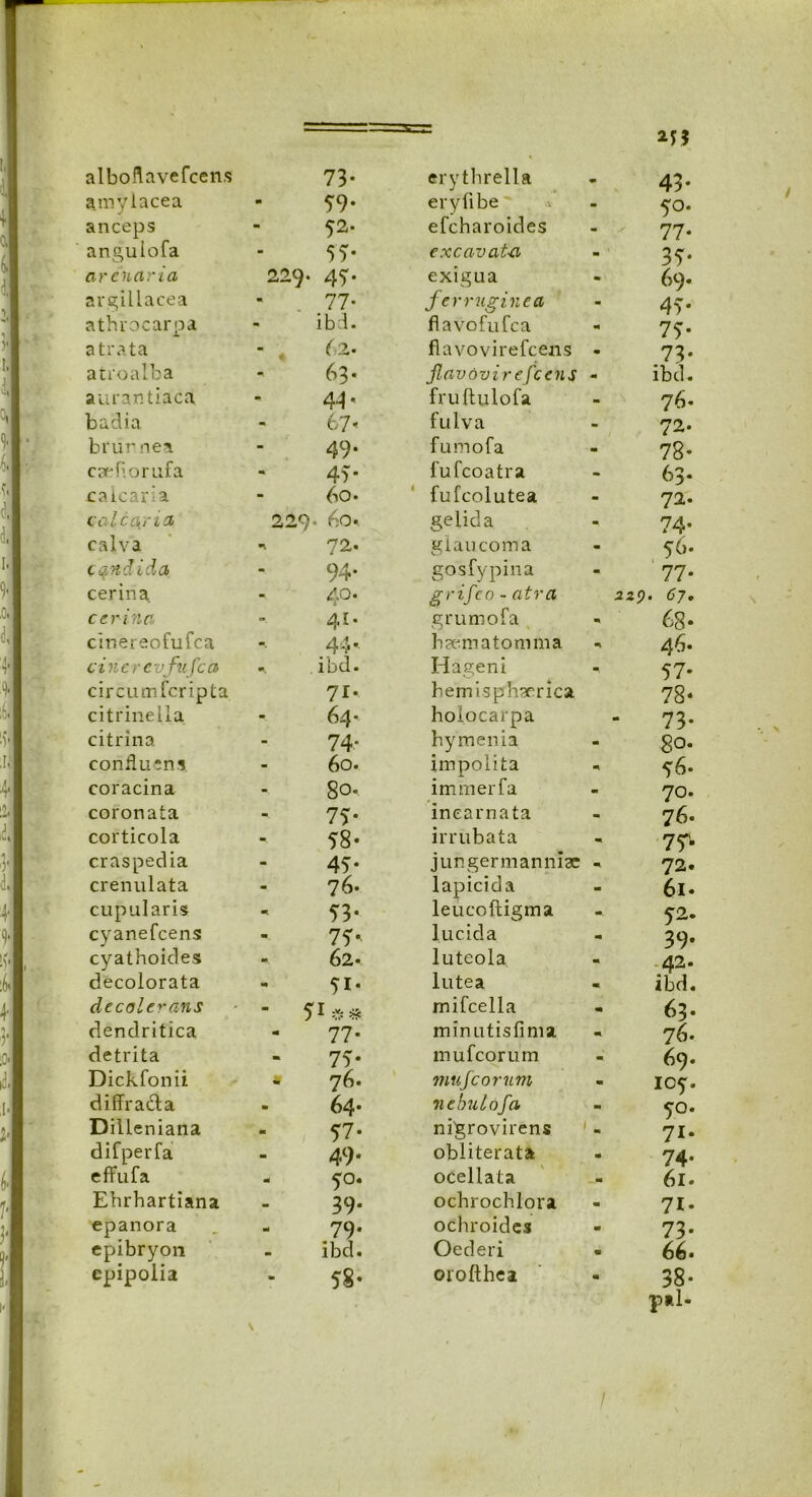 alboflavefcens 73* erythrella Vi 43. amylacea 59* eryffbe 5°. anceps 52. efcharoides 77- anguiofa 55- excavat-a 37* arenaria 229. 47* exigua 69» argillacea 77- ferruginea 47* athrocarpa ibd. flavofufca 77* atrata « (2- flavo virefcens - 73- atroaiba 63« flavovirefcens - ibd. aurantiaca 44* fruftulofa 76. badia 67« fulva 70. brurnea 49. fumofa 78* caefforufa 47* fufcoatra 63. calcaria 60. fufcolutea 72. calcaria 229 . 60«. gelida 74* calva 72. glaucoma 56. I. cqndida 94- gosfypina 77* cerina 40. grifcn - atra 229. 67. cerina - 41- grumofa 68- cinereofufca 44* hsematomma * cincrevfufc a ibd. Hageni 77* circumfcripta 71* hemisphaerica 78* citrinella 64* hoiocarpa ■ 73* citrina 74* hymenia 80. 1 confluens 60. impolita 56. coracina 80. immerfa 70. 2. coronata 77* incarnata 76. corticola 78* irrubata 75*1 i craspedia 47* jungermanniac ^ 72. crenulata 76. lapicida 61. 1 cupularis 73* leucoftigma 52. cyanefcens 77*- lucida 39* cyathoides 62- luteola 42. ibd. decolorata 71* lutea decolerans - 71** rnifcella 63. dendritica m 77* minutisfima 76. detrita m 77* mufcorum 69. Dickfonii * 76. vmfeorum icy. I. diffracta 64* nebulofa 50. 2 • Dilleniana 77* nigrovirens 1 - 71* difperfa 49* obliterata 74* i' 1' effufa 7°* ocellata 61. Ehrhartiana 39* ochrochlora 71- epanora 79* ochroides 73* epibryon ibd. Oederi 66. cpipolia 58* oiofthea 38* \ pal- /