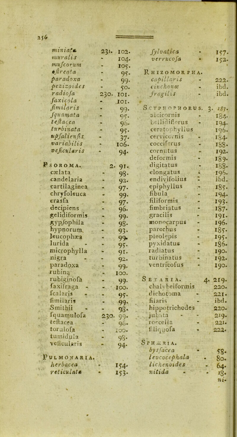 56 miniata 231. 102. fylvatica muralis 104. verrucofa mufeorum 105. ijlreata 9^. Rhizomorpka. paradoxa 99. capillaris pezizoides 50. cinchdJice radioJa 230. 101. jr agilis faxicola IOI. /imitaris 99. SCYPHOPHORUS. fquamata 95- aicicornis tejlacea 96. beilidifi^rus turbinata 95* ceratophylius tipfalien/s 37* cervicornis variabilis 106. coeciferus ve/cularis 94. cornutus deformis Ps OROMA, 2. 91. digitatus caelata 98- elongatus c candelaria 92. endivifolius cartilaginea 97. epiphyllus chryfoleuca 99. fibula erasfa 97. filiformis decipiens 96. fimbriatus gelidiformis 99. gracilis gyp/ophila 98- monocarpus hypnorum. 93* parechus leucophaea 99. pieolepis lurida 9v pyxidatus tnicrophylla 91. radiatus nigra 92. turbinatus paradoxa 99. ventricofus rubing, 100. rubiginofa 99. Separi a. faxifraga - 100. cbalvbeiformis fcalaris 95- dichotoma iimilaris 99* filaris Sinithii 98* hippotrichodes 1’quamulofa 230* 99. jubata teftacea ■ 96* rorceMa torulofa *oo. filiquofa tumidula 93. S PH^Rl A. bysfacca \eiicuiaris 94- Pulmonaria. levcoccphala herbacea 154. lichenoides reticulata 153- nitida 4 1*7- l$2. ♦ 222. ibd. ibd. 3. 184* 194- 196. 18 4* 188- 192. 189- 183- 196. ibd. 185*. 194. 193. 187. 191. 196. i87- x95* 186. 190. 192. 190. . 219. 220. 221. ibd. 220. 219. 221. 222. 58- 80. 64. IS*