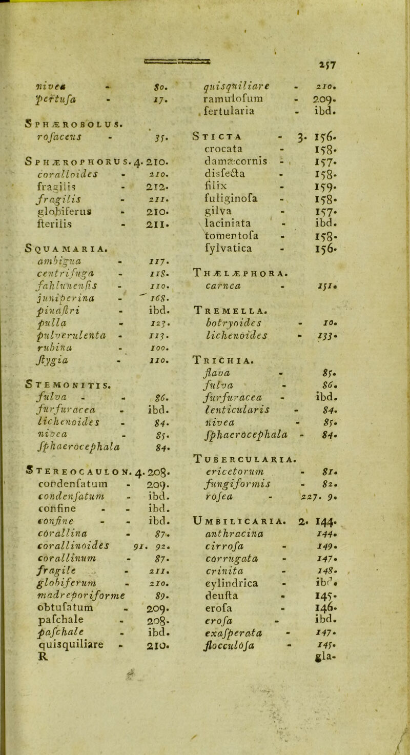 I I I I 157 nive* S0- per tufa I7- SpHjEROBOLUSi rofaceus 33- Spilerophorus./}. 210. coralloides 210. fragili? 212- fragilis zll. globiferus 210. fterilis 211. Squamaria, ambigua 117» centrifuga nS- 1 > £ ‘S, 110. juniperina - ^ iCS- pindjtri ibd. pulla 12’. pulverulenta 113 rubi na 100. Jlygia 110, Stemonitis. fulva 86. furfur ac e a ibd. lichenoides 84- nivea 83- fphaerocephala 84- Stereocaulon. 4. 208. condenfatum 209. condenfatum ibd. confine ibd. confine ibd. cor al lina 87- cor allinoid.es 91 . 92, corallinum 87- fragile 211 • glo biferum 210. madreporiforme 89- obtufatum 209. pafchale 208 - pafchale ibd. quisquiliare 210. R quis quii i are - 210. ramulofum - 209. . fertularia - ibd. S T I C T A 3* 176. crocata 158- dam&cornis - . IS7- disfe&a X58- filix 159- fuliginofa i?8- gilva 157* laciniata ibd. tomen tofa I?8- fylvatica 156- Th^ljephora. carnea Tremella. botryoides - 10. lichenoides » 133* Trichia. flava 83» fulva 86, furfur ac e a ibd. lenticularis m 84- nivea m 83- fphaerocephala m 84- Tub ercularia • ericetorum m 8r. fungiformis a* 82. rofea 227. 9. Umbilicaria. 2. 144- anthracina 144- cirrofa 149- corrugata 147- crinita 148- cylindrica ibd. deufta 145- erofa 146. erofa ibd. exafperata 147- jlocculOja 143- gla-
