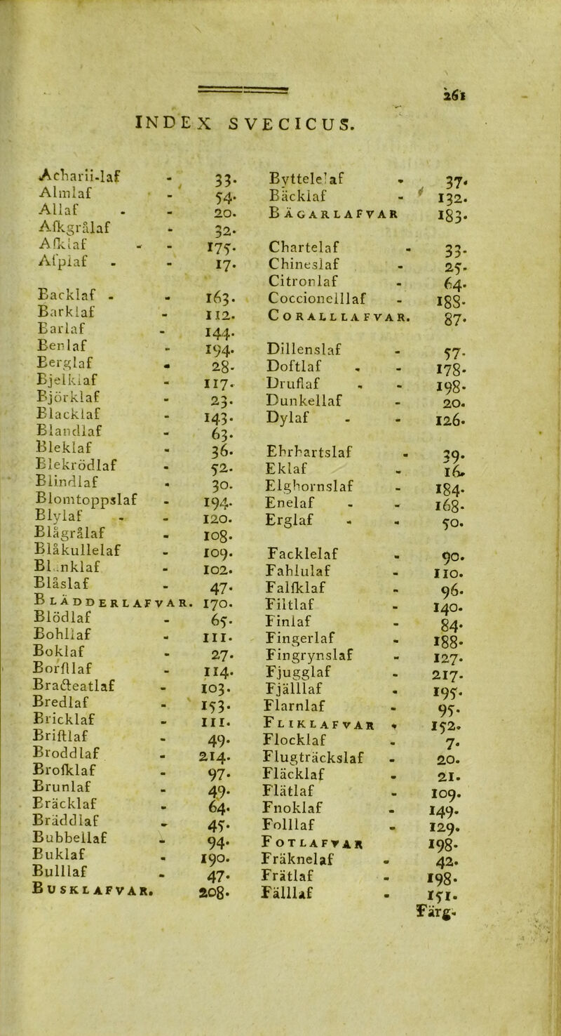 2$I INDEX SVECICUS. Acbarii-laf 33- Almlaf 54. Allaf 20. Afkgralaf 32. Afklaf 175- > 47' fo ■ 17- Eacklaf - 163. Barkiaf 112. Barlaf 144. Benlaf 194. Berglaf m 28- Bjelkiaf II7- Bjorklaf 23. Elacklaf 143. Blandlaf 63. Bleklaf 36. Blekrocllaf 52. Blindlaf 30. Blomtoppslaf 194. Blylaf 120. Blagralaf io8- Blakullelaf 109. B1 .nklaf 102. Blaslaf 47- 1) ladderlafvar. 170. Biodlaf 65. Eohliaf in. Boklaf 27. Borfllaf 114. Bra&eatlaf 103. Bredlaf 153* Bricklaf m. Briftiaf 49. Broddlaf 214. Brolklaf 97* Brunlaf 49. 64. Eracklaf Braddlaf ■r- 4?. BubbeilaE 94. Buklaf I90. 47- 208- Bulilaf Busklafvar. Byttele7af - 37« Backiaf 132. B AGARLAfVA r 183- Cbartelaf 33. Chineslaf 25. Citronlaf 64. Coccioncillaf I8S- CORALLLAFVAR. §7. Dillenslaf 57- Doftlaf 178* Druflaf 198* Dunkellaf 20. Dylaf 126. Ebrbartslaf 39. Eklaf 16* Elgbornslaf 184- Enelaf i68* Erglaf 50. Facklelaf 90. Fablulaf no. Falfldaf 96. Fiitlaf 140. Finlaf 84* Fingerlaf 188- Fingrynslaf 127* Fjugglaf 217. Fjalllaf 195- Flarnlaf 95- Fliklafvar 152. Flockiaf ✓ 7* Flugtrackslaf 20. Fliicklaf 21. Flatlaf I09. Fnoklaf I49. Folllaf I29. F OTLAFYAR 198- Fraknelaf 42. Fratlaf 198- Falllaf 171. Farg.