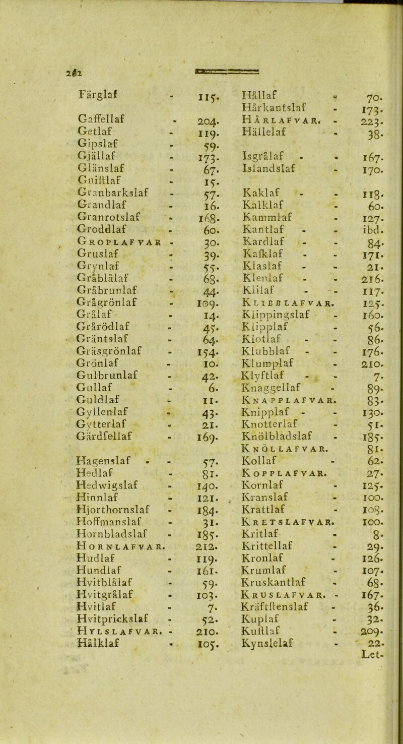 i6i Farglaf UT- Hallaf 70 Harkantslaf 173 Gaffellaf 204. Harlafvar. - 223 Getlaf 119. Hallelaf 38 Gipslaf 59* Gjallaf 173. Isgralaf 167 Gliinslaf 67- Isiandslaf 170 Gniftlaf IS'. Granbarkslaf 57- Kaklaf - 11S Grandlaf 16. Kalklaf 60 Granrotslaf 168* Kammlaf 127 Groddlaf 60. Kantiaf ibd Groplafvar - 3°. Kardlaf 84 Gruslaf 39. Kaiklaf - 171 Grynlaf 55* Klaslaf 21 Grlblalaf 68- Klenlaf 216 Grabrunlaf 44- Kliiaf - 117 Gragronlaf 109. Klidblafvar. 12.? Gralaf 14. Kiippingslaf l6o Grarodlaf 4v Klipplaf 56 Grantslaf 64* Kiotlaf 86 Giasgronlaf 154. Klubblaf - 176 Gronlaf 10. Kium-plaf 210 Gulbrunlaf 42. Klyftlaf 7 Gullaf 6. Knaggellaf 89 Guldlaf 11. Rnapplafvar. 83 Gyllenlaf 43- Knipplaf - 130 Gytterlaf 21. Knotterlaf 5r Gardfeliaf 169. Knolbladslaf 18? Knollafvar. 81 Hagenslaf 57- Kollaf 62 Hedlaf 8i- Ropplafvar. 2.7 Heclwigslaf 140. Kornlaf 125 Hinnlaf 121. Kranslaf 100 Hjorthornslaf i84- Krattlaf 108 Hoffmanslaf 3i- Kretslafvar. 100 Hornbladslaf I8T- Kritlaf 8 Hornlafvar. 212. Krittellaf 29 Hudlaf 119. Kronlaf 126 Hundlaf 161. Krumlaf 107 Hvitblalaf 59- Kruskantlaf 68 Hvitgralaf 103. Kruslafvar. - 167 Hvitlaf 7- Kriiftftenslaf 36 Hvitprickslaf 52. Kuplaf 32 Hylslafvar, - 210. Kulllaf 209 Halklaf 105:. Kynslelaf 22 Lct