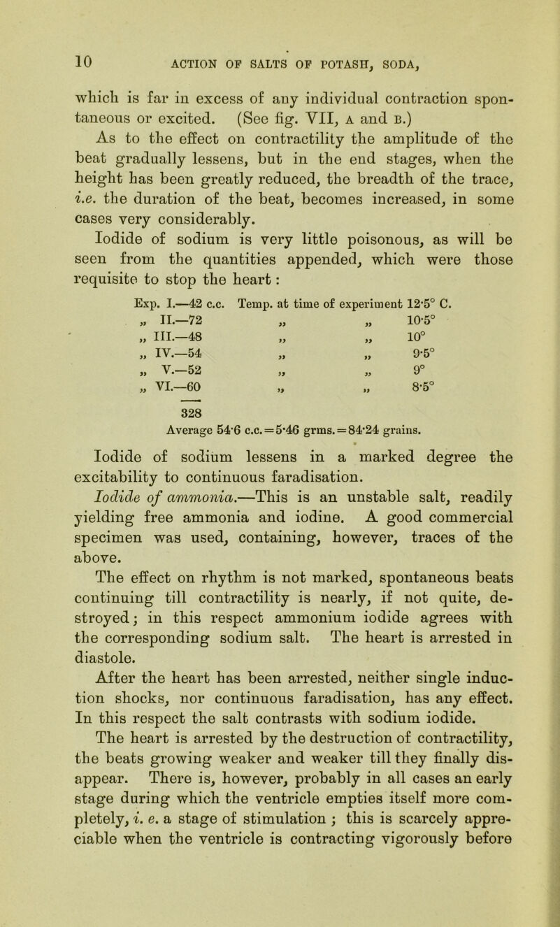 which is far in excess of any individual contraction spon- taneous or excited. (See fig. VII, a and b.) As to the effect on contractility the amplitude of the beat gradually lessens, but in the end stages, when the height has been greatly reduced, the breadth of the trace, i.e. the duration of the beat, becomes increased, in some cases very considerably. Iodide of sodium is very little poisonous, as will be seen from the quantities appended, which were those requisite to stop the heart: Exp. I.—42 c.c. Temp, at time of experiment 12*5° C. „ II.—72 99 99 10*5° „ III.—48 99 99 10° „ IV.—54 99 99 9*5° „ V.—52 99 99 CD 0 „ VI.—60 99 99 8*5° 328 Average 54*6 c.c. = 5*46 grms. = 84*24 grains. Iodide of sodium lessens in a marked degree the excitability to continuous faradisation. Iodide of ammonia.—This is an unstable salt, readily yielding free ammonia and iodine. A good commercial specimen was used, containing, however, traces of the above. The effect on rhythm is not marked, spontaneous beats continuing till contractility is nearly, if not quite, de- stroyed; in this respect ammonium iodide agrees with the corresponding sodium salt. The heart is arrested in diastole. After the heart has been arrested, neither single induc- tion shocks, nor continuous faradisation, has any effect. In this respect the salt contrasts with sodium iodide. The heart is arrested by the destruction of contractility, the beats growing weaker and weaker till they finally dis- appear. There is, however, probably in all cases an early stage during which the ventricle empties itself more com- pletely, i. e. a stage of stimulation ; this is scarcely appre- ciable when the ventricle is contracting vigorously before