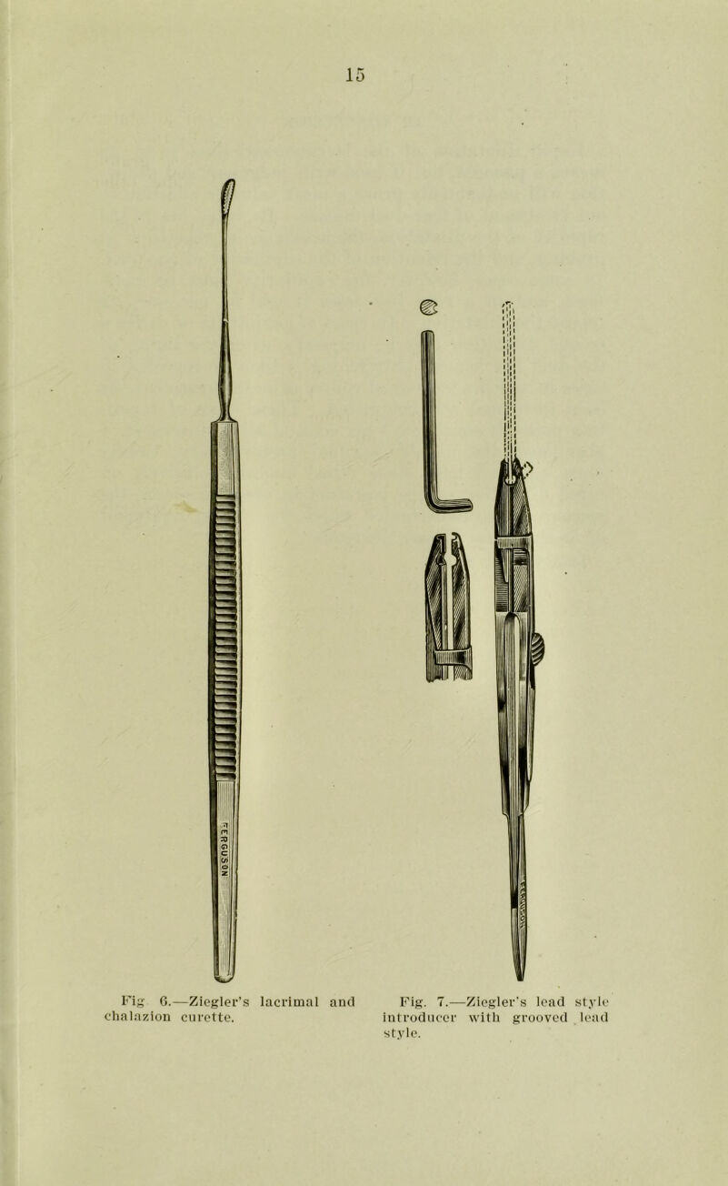 Fig 6.—Ziegler’s lacrimal and chalazion curette. Fig. 7.—Ziegler’s lead style introducer with grooved lead style.