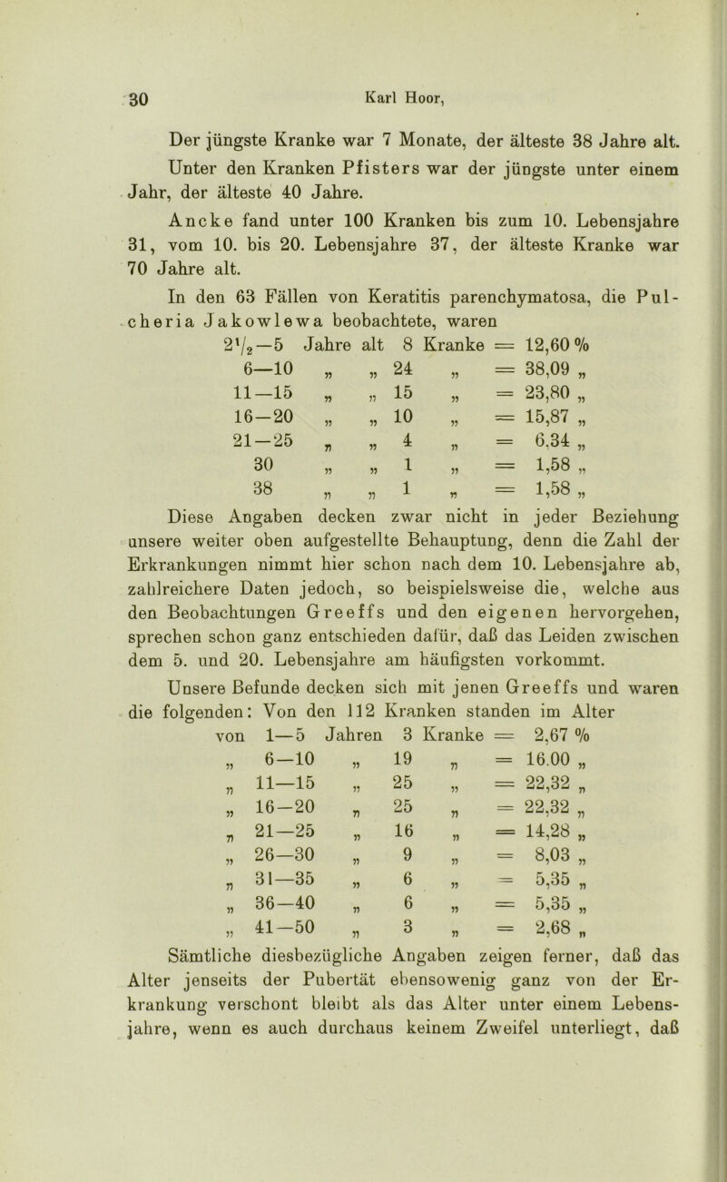 Der jüngste Kranke war 7 Monate, der älteste 38 Jahre alt. Unter den Kranken Pfisters war der jüngste unter einem Jahr, der älteste 40 Jahre. Ancke fand unter 100 Kranken bis zum 10. Lebensjahre 31, vom 10. bis 20. Lebensjahre 37, der älteste Kranke war 70 Jahre alt. In den 63 Fällen von Keratitis parenchymatosa, die Pul- cheria Jakowlewa beobachtete, waren 2V 2-5 Jahre alt 8 Kranke = 12,60% 6—10 n 24 11 = 38,09 „ 11—15 n 15 = 23,80 „ 16-20 5? 10 11 = 15,87 „ 21-25 TI n 4 11 = 6.34 „ 30 11 11 1 11 = 1,68 „ 38 TI ii 1 n = 1,58 „ Angaben decken zwar nicht in jeder Beziehung unsere weiter oben aufgestellte Behauptung, denn die Zahl der Erkrankungen nimmt hier schon nach dem 10. Lebensjahre ab, zahlreichere Daten jedoch, so beispielsweise die, welche aus den Beobachtungen Greeffs und den eigenen hervorgehen, sprechen schon ganz entschieden dafür, daß das Leiden zwischen dem 5. und 20. Lebensjahre am häufigsten vorkommt. Unsere Befunde decken sich mit jenen Greeffs und waren die folgenden: Von den 112 Kranken standen im Alter von 1—5 Jahren 3 Kranke = 2,67 % ii 6—10 19 V = 16.00 „ TI 11—15 ii 25 11 = 22,32 „ 11 16-20 r> 25 D = 22,32 „ n 21—25 ii 16 11 = 1±,28 „ ii 26—30 ii 9 11 8,03 „ T) 31—35 n 6 11 = 5,35 „ 11 36—40 TI 6 11 — 5,35 „ 11 41-50 11 3 11 = 2,68,, Sämtliche diesbezügliche Angaben zeigen ferner, daß das Alter jenseits der Pubertät ebensowenig ganz von der Er- krankung verschont bleibt als das Alter unter einem Lebens- jahre, wenn es auch durchaus keinem Zweifel unterliegt, daß