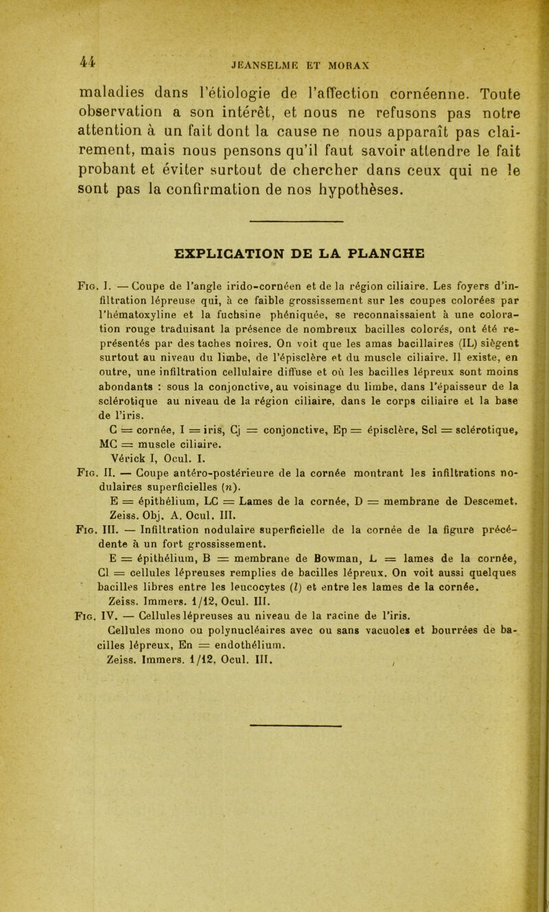 maladies dans l’étiologie de l’affection cornéenne. Toute observation a son intérêt, et nous ne refusons pas notre attention à un fait dont la cause ne nous apparaît pas clai- rement, mais nous pensons qu’il faut savoir attendre le fait probant et éviter surtout de chercher dans ceux qui ne le sont pas la confirmation de nos hypothèses. EXPLICATION DE LA PLANCHE Fig. I. —Coupe de l’angle irido-cornéen et de la région ciliaire. Les foyers d’in- filtration lépreuse qui, à ce faible grossissement sur les coupes colorées par l’hématoxyline et la fuchsine phéniquée, se reconnaissaient à une colora- tion rouge traduisant la présence de nombreux bacilles colorés, ont été re- présentés par des taches noires. On voit que les amas bacillaires (IL) siègent surtout au niveau du limbe, de l’épisclère et du muscle ciliaire. Il existe, en outre, une infiltration cellulaire diffuse et où les bacilles lépreux sont moins abondants : sous la conjonctive, au voisinage du limbe, dans l’épaisseur de la sclérotique au niveau de la région ciliaire, dans le corps ciliaire et la base de l’iris. C — cornée, I = iris, Cj = conjonctive, Ep == épisclère, Sel = sclérotique, MG = muscle ciliaire. Vérick I, Ocul. I. Fig. II. — Coupe antéro-postérieure de la cornée montrant les infiltrations no- dulaires superficielles (n). E = épithélium, LC = Lames de la cornée, D = membrane de Descemet. Zeiss. Obj. A. Ocul. III. Fig. III. — Infiltration nodulaire superficielle de la cornée de la figure précé- dente à un fort grossissement. E = épithélium, B = membrane de Bowman, L = lames de la cornée, Cl = cellules lépreuses remplies de bacilles lépreux. On voit aussi quelques bacilles libres entre les leucocytes (l) et entre les lames de la cornée. Zeiss. Immers. 1/12, Ocul. III. Fig. IV. — Cellules lépreuses au niveau de la racine de l’iris. Cellules mono ou polynucléaires avec ou sans vacuoles et bourrées de ba- cilles lépreux, En = endothélium. Zeiss. Immers. 1/12, Ocul. III. ,