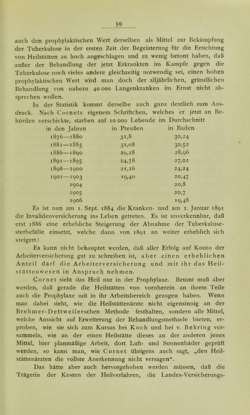 auch den prophylaktischen Wert derselben als Mittel zur Bekämpfung der Tuberkulose in der ersten Zeit der Begeisterung für die Errichtung von Heilstätten zu hoch angeschlagen und zu wenig betont haben, daß außer der Behandlung der jetzt Erkrankten im Kampfe gegen die Tuberkulose noch vieles andere gleichzeitig notwendig sei, einen hohen prophylaktischen Wert wird man doch der alljährlichen, gründlichen Behandlung von nahezu 40 000 Lungenkranken im Ernst nicht ab- sprechen wollen. In der Statistik kommt derselbe auch ganz deutlich zum Aus- druck. Nach Cornets eigenem Schriftchen, welches er jetzt an Be- hörden verschickte, starben auf 10 000 Lebende im Durchschnitt in den Jahren in Preußen in Baden 1876—1880 3L8 3^24 1881 —1885 3L°8 30,52 1886—1890 29,28 28,96 1891 — 1895 CO 27,02 1896—1900 21,16 24,24 1901 —1903 19,40 20,47 1904 20,8 I9°5 20,7 1906 19,48 Es ist nun am 1. Sept. 1884 die Kranken- und am 1. Januar 1891 die Invalidenversicherung ins Leben getreten. Es ist unverkennbar, daß erst 1886 eine erhebliche Steigerung der Abnahme der Tuberkulose- sterbefälle einsetzt, welche dann von 1891 an weiter erheblich sich steigert.! Es kann nicht behauptet werden, daß aller Erfolg auf Konto der Arbeiterversicherung gut zu schreiben ist, aber einen erheblichen Anteil darf die Arbeiterversicherung und mit ihr das Heil- stättenwesen in Anspruch nehmen. Cor net sieht das Heil nur in der Prophylaxe. Betont muß aber werden, daß gerade die Heilstätten von vornherein an ihrem Teile auch die Prophylaxe mit in ihr Arbeitsbereich gezogen haben. Wenn man dabei sieht, wie die Heilstättenärzte nicht eigensinnig an der Brehmer-Dettweilerschen Methode festhalten, sondern alle Mittel, welche Aussicht auf Erweiterung der Behandlungsmethode bieten, er- proben, wie sie sich zum Kursus bei Koch und bei v. Behring ver- sammeln, wie an der einen Heilstätte dieses an der anderen jenes Mittel, hier planmäßige Arbeit, dort Luft- und Sonnenbäder geprüft werden, so kann man, wie Cornet übrigens auch sagt, „den Heil- stättenärzten die vollste Anerkennung nicht versagen“. Das hätte aber auch hervorgehoben werden müssen, daß die Trägerin der Kosten der Heilverfahren, die Landes-Versicherungs-