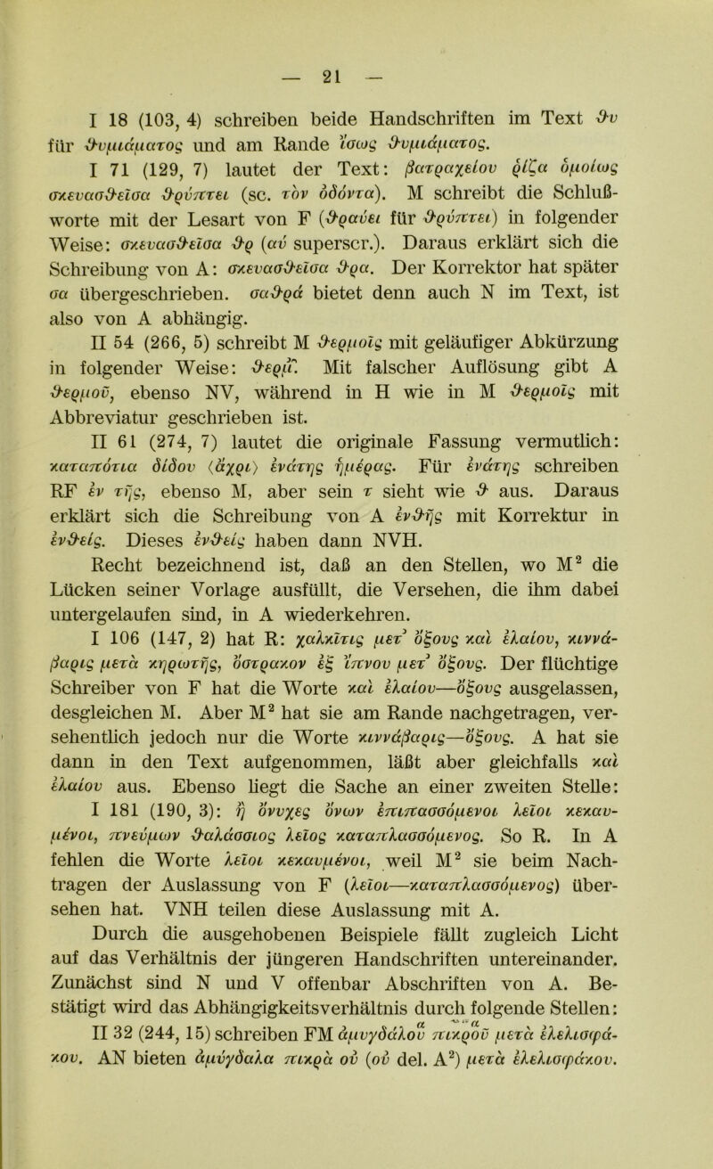 I 18 (103, 4) schreiben beide Handschriften im Text fur ^uf.udf.iaTog und am Rande totog O-ufudf-iaTog. I 71 (129, 7) lautet der Text: (^argccxelov glta b(.ioUog o'/.evaod'€l(j(x d'QVTCTeL (sc. t:ov odovTo). M schreibt die SchluB- worte mit der Lesart von F {d'gavei fUr ^qvict€i) in folgender Weise: axevaad-eloa {av superscr.). Daraus erklart sich die Schreibung von A: aKsvaod-eloa ^ga. Der Korrektor hat spater oa iibergeschrieben. oad-gd bietet denn auch N im Text, ist also von A abhangig. II 54 (266, 5) schreibt M ^egj.iolg mit gelaufiger Abkiirzung in folgender Weise: d-sg^iT. Mit falscher Auflosung gibt A S'sgfiovj ebenso NV, wahrend in H wie in M ^egf.wlg mit Abbreviatur geschrieben ist. II 61 (274, 7) lautet die originale Fassung vermutlich: xaraTtOTia Sidov {dxgi) evdrrjg rj(.iigag. Fiir kvdzrjg schreiben RF Tfjg, ebenso M, aber sein r sieht wie ^ aus. Daraus erklart sich die Schreibung von A h^ijg mit Korrektur in Ivd'eig. Dieses Ivd^dg haben dann NVH. Recht bezeichnend ist, da6 an den Stellen, wo die Lucken seiner Vorlage ausfiillt, die Versehen, die ihm dabei imtergelaufen sind, in A wiederkehren. I 106 (147, 2) hat R: ^ler o^ovg ytal IXaiov^ yuvvd- fiagig (.lerd xrjgtoTfjg, oGTgay.ov %tcvov (.leT o^ovg. Der fliichtige Schreiber von F hat die Worte y-al elaiov—o^ovg ausgelassen, desgleichen M. Aber hat sie am Rande nachgetragen, ver- sehenthch jedoch nur die Worte yuvvd(^agig—o^ovg. A hat sie dann in den Text aufgenommen, laBt aber gleichfalls elaiov aus. Ebenso hegt die Sache an einer zweiten SteUe: I I8I (190, 3): fj ovvxss ovcov eTtiTCaGGof-ievoi leioi x£x«d- f-ievoi, 7Tvev(.uov ^aldGGtog leiog ytaraitlaGGOf-ievog. So R. In A fehlen die Worte leioi -/.eyiavi-ievoi, weil sie beim Nach- tragen der Auslassung von F {leioi—xaraTtlaGGOf^ievog) iiber- sehen hat. VNH teilen diese Auslassung mit A. Durch die ausgehobenen Beispiele fallt zugleich Licht auf das Verhaltnis der jUngeren Handschriften untereinander. Zunachst sind N und V offenbar Abschriften von A. Be- statigt wird das Abhangigkeitsverhaltnis durch folgende SteUen: cc ^ (Z II 32 (244, 15) schreiben FM.df.tvyddlov 7tiy.gov inerd eleliGipd- yov. AN bieten dfivydala jtiygd ov {ov del. A^) eleliGcpdyov.