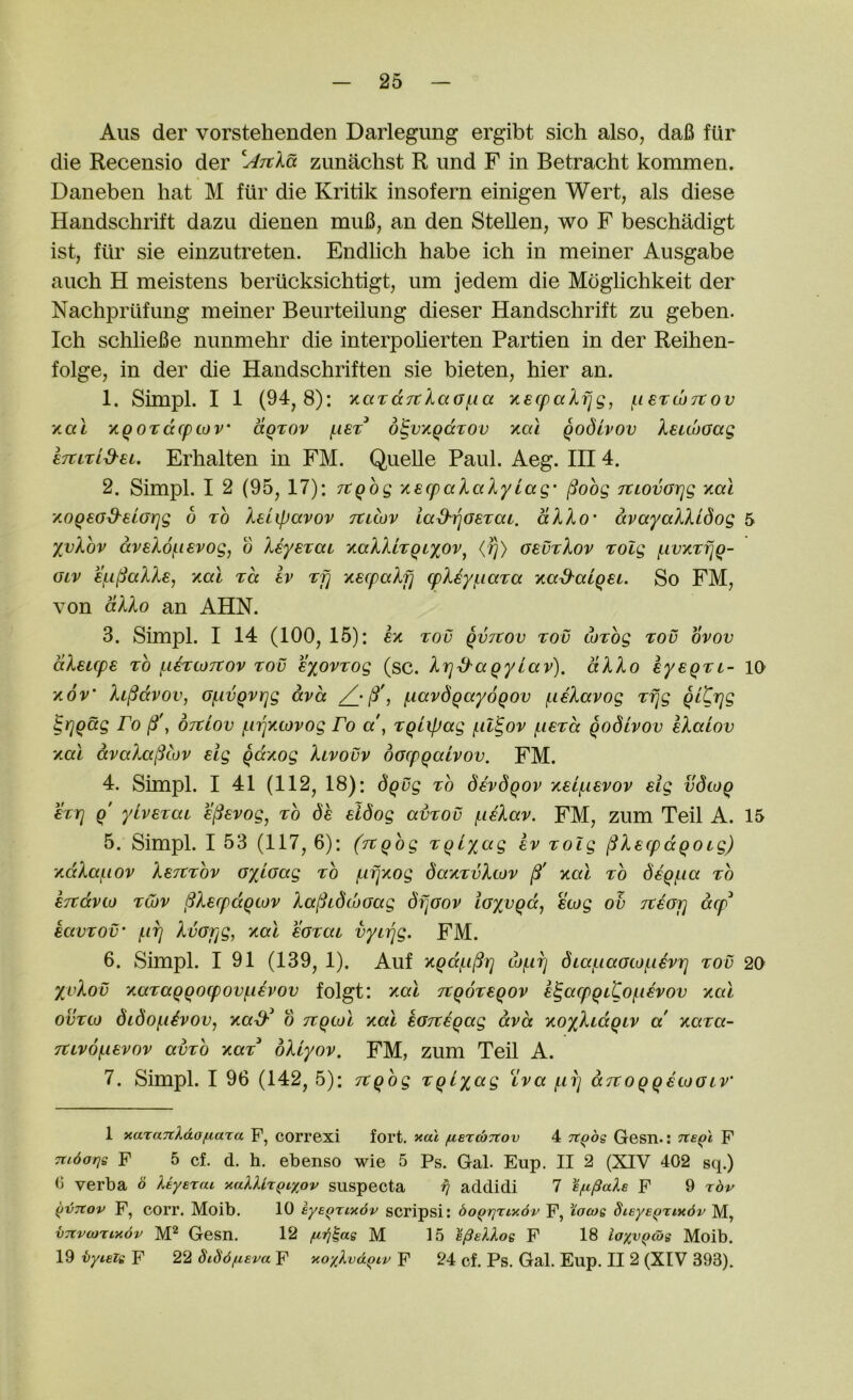 Alls der vorstehenden Darlegung ergibt sich also, daB fUr die Recensio der 'ATcla zunachst R und F in Betracht kommen. Daneben hat M fur die Kritik insofern einigen Wert, als diese Handschrift dazu dienen miiB, an den Stellen, wo F beschMigt ist, fur sie einzutreten. Endlich habe ich in meiner Ausgabe auch H meistens berticksichtigt, um jedem die Mdglichkeit der Nachpriifung meiner Beurteilung dieser Handschrift zu geben. Ich schlieBe nunmehr die interpoherten Partien in der Reihen- folge, in der die Handschriften sie bieten, hier an. 1. SimpL I 1 (94,8): %aTcc7tXaG(.ia yiecpaXfjg, (.isrcoTtov xal xQordcpcov' dqxov f.iST^ d^vKQccTOv xai Qodtvov leicbaag ETtixid'et. Erhalten in FM. Quelle Paul. Aeg. IH 4. 2. Simpl. I 2 (95, 17): Ttqog yiecpaXaXylag' §oog TtLOvGiqg ytal zoQSG&elGrjg b to XeUpavov Ttiwv iadi^GETat. dXXo’ dvayallldog XvXov dveXof-ievog, d Xeyexai Y.aXXiTQL%ov^ {fj) gevtXov %olg f.ivKTfjQ- GLV ef-i^aXXe, aoX to. iv Tfj ytecpaXfj cpXey(.iaTa xa^algsi. So FM, von dXXo an AHN. 3. Simpl. I 14 (100, 15): kx tou qvtcov tov toxog too ovov dXeupe to {.i^twtvov tov eyovTog (sc. Xrid^agyiav). dXXo iyeQTi- x6v‘ Xi^dvov, G(.TVQvrjg dvd (.lavdqayoQOv fieXavog Tfjg QlCrjg ^YjQccg Fo OTciov (.irjxwvog Fo a\ Tqlipag (.il^ov jnexcc qodlvov eXaiov xal dvaXa(3cov eig qdxog Xivouv oGcpqaivov. FM. 4. Simpl. I 41 (112, 18): bqug to Sevdqov xei^-ievov eig vdwq eTTj q' ylvexaL e^evog^ to de eidog avTov (.leXav. FM, zum Teil A. 5. Simpl. I 53 (117, 6): (Tcqbg xqlyag ev Tolg ^Xecpdqoig) xdXaf.iov XeTtTov GyiGag to f-ifjxog daxTvXtov xal to deq/iia to BTtdvto tOjv ^Xerpdqcov Xa(SidcbGag di]Gov iGyvqd, ecog ol TteGjj dcp^ iavTOV' f.17] XvGTjg, xal eGTai vyii^g. FM. 6. Simpl. 191 (139, 1). Auf xqdjul^rj wjLirj dLai^iaGOjf.ihr] tov XvXov xaTaqqocpovf.i€VOv folgt: xal Ttqoxeqov e^acpqLtofievov xal ovTco diSoi^i^vov, xad'^ o Tiqwl xal EGTteqag dvd xoxXidqiv a xaTa- 7tivof.ievov avTo xax oXiyov. FM, zum Teil A. 7. Simpl. I 96 (142, 5): Ttqbg xqlx^g iva f.ii] ditoqqetoGLV' 1 xaranXdo/xaTa correxi fort, aal /nerdoTCov 4 Tt^bs Gesn.: ne^l P Tudatjg p 5 cf. d. h. ebenso wie 5 Ps. Gal. Eup. II 2 (XIV 402 sq.) 0 verba b Uyerai xaXlixQt'/ov suspecta ^ addidi 7 e/n^aXe p 9 TOV (jijTtov P, corr. Moib. 10 kye^rixov scrips!: bo^i]Tixdv p, iocog SieyeQTixdv M, vTtvoiTtxov Gesn. 12 firj^ag M 15 epellog P 18 ioxv^tbg Moib. 19 byiBlg p 22 Sibdfieva P xcylvd^iv P 24 cf. Ps. Gal. Eup. II 2 (XIV 393). 5 10 15 20