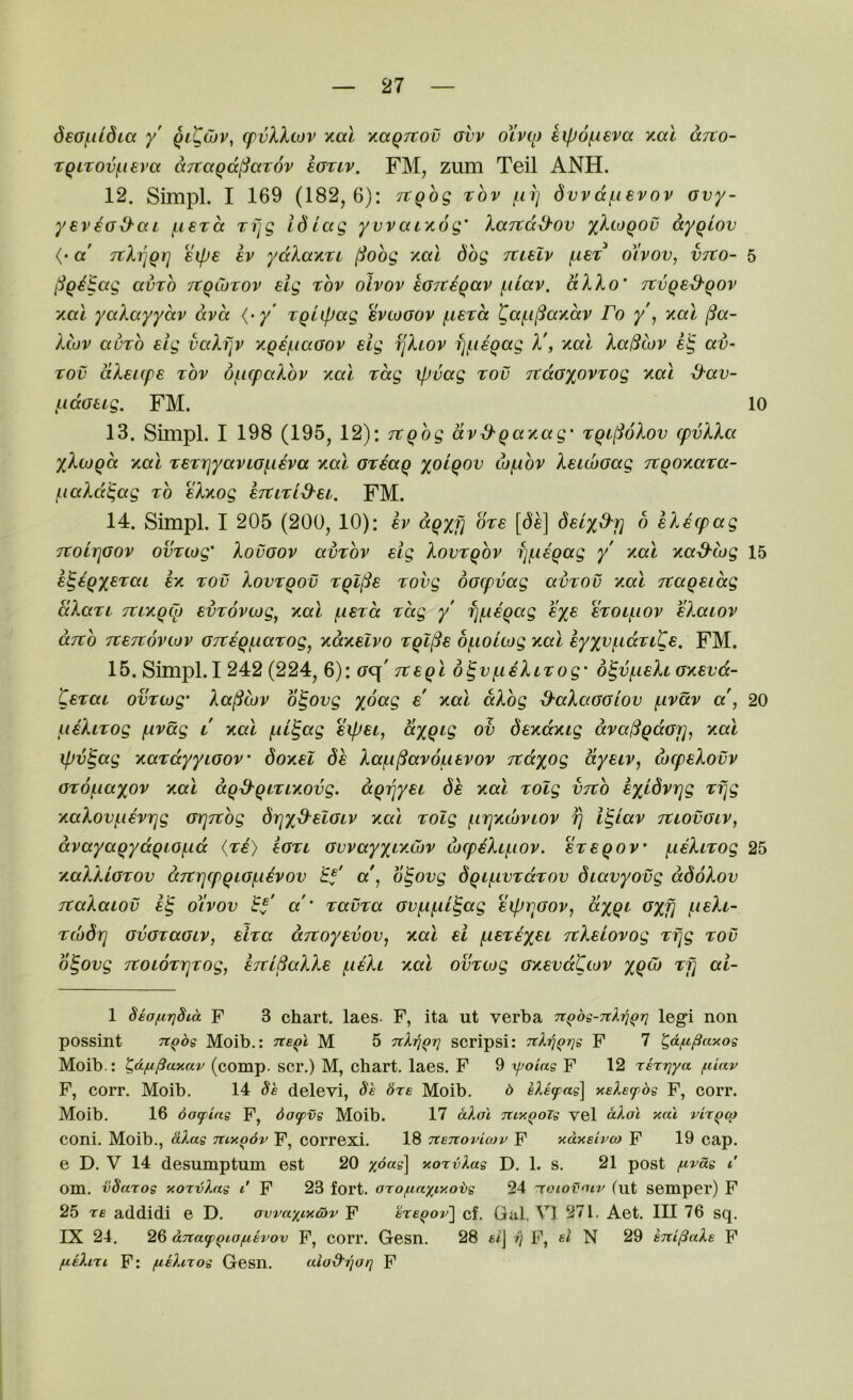 deoj^iidia y qlCwv^ cpvllwv y.al yiaQTCov ovv oXvco eipofxeva y.al ccTto- TQiTovfieva ccTtaQa^arov eotlv. FM, zum Teil ANH. 12. Simpl. I 169 (182,6): TtQog rov ^li] dvvd(.ievov avy- ysveod'cu f^isrd Ti]g Id Lag y waixog' XaTtd^ov dyqiov <• a Tth^qt] eipe Iv ydXay.TL ^obg xal dbg tcleIv /-iet d’ivov, vtco- 5 l^Qi§.ag avtb TtqCoTOv elg rbv oivov eoit^qav (.liav, dXXo’ Ttvqe&QOv xal yaXayydv dvd {-y TQiipag evcooov f^iercc Cccf.il3ay.dv Fo y', yal ^a- Xcov aurb eig vaXfjv ygefiaaov elg ijXiov fjfieqag X\ yal Xa^tov e§ av~ rov dXeupe xbv oficpaXbv yal rag ipvag rov rcdoyovrog yal ^av- Lidoeig. FM. 10 13. Simpl. I 198 (195, 12): itqbg dv^gayag' rgi^oXov cpvXXa yXcogd yal rerrjyavLOfieva yal oreaq yoiqov tofibv Xeiwaag Ttqoyara- fiaXd^ag rb eXyog STtirld^ei. FM. 14. Simpl. I 205 (200, 10): ev dqyf] ore [die] dely^j] b eXecpag TtolrjGov ovnog' Xovoov avrbv eig Xovrqbv fjfieqag y yal ya^oig 15 e^eqyerai ex rov Xovrqov rql(3e rovg oocpvag avrov yal Ttaqeidg dXari TtLyqCp evrovtog^ yal fierd rag y fjfieqag eye eroifiov eXaiov djtb Tteicoviov ojteqfiarog^ ydyelvo rql(3e bfioitog yal eyyvfidrLCe. FM. 15. Simpl. I 242 (224, 6): gc\ rceql b%vfieXirog' 6'^vfieXi Gyevd- Cerai ovrog' Xa[3cov b^ovg ybag e' yal dXbg d-aXciGGiov fivdv a', 20 fieXirog fivag l yal fii^ag eipei, dyqig ov deydyig dva^qdGjjj yal ipv^ag yardyyiGov' doyel de Xafi(3av6uevov itdyog dyecv, cocpeXovv Grofiayov yal agd^qinyovg. dqrjyei de yal rolg VTtb eyldvrjg rfjg yaXovfievTjg GrjTtbg drjy&elGLV yal rolg firjycovLOV fj l^iav tviovgiv, dvayaqydqiofid {ri) eGn Gvvayyiywv wcpeXifiov. ereqov’ fieXirog 25 yaXXiGrov aTtrjcpqiGfihov a', o^ovg dqifivrdrov diavyovg ddoXov TtaXawv e^ o^vov a' ravra Gvfifu^ag eipr^GOv, dyqt Gyfj fieXt- rwdrj GvGraGLV, elra djtoyevov, yal ei fiereyei TcXeiovog rfjg rov b^ovg Ttowrrjrog, eniSaXXe fieXi yal ovnog GyevdCcov yqCo rfj ai- 1 Seo/iirjSia F 3 chart, laes. F, ita ut verba n^bs-TtXfi^ri legi non possint Ti^bs Moib.: Tte^l M 5 Tch^Qrj scrips!: rchqQrjs F 7 ^dfi.^axos Moib.: ^d/j-^axav (comp, scr.) M, chart, laes. F 9 yjoiag F 12 rsrrjya ftiav F, corr. Moib. 14 S'e delevi, Se bre Moib. b klifas] aelefbg F, corr. Moib. 16 oofiag F, 6o<pvs Moib. 17 dlol TtixQoTg vel dXoi xal viiQco coni. Moib., dXag TtiycQov F, COrrexi. 18 neTtovkov F yidxetvco F 19 cap. e D. V 14 desumptum est 20 ybas] xorvXas D. 1. s. 21 post fiv&g C om. vSarog aorvXag C F 23 fort. OTOf.ia%Lv.obg 24 -toiovmv (ut semper) F 25 re addidi e D. owaxixdjv F ereqov] cf. Gal, VI 271. Aet. Ill 76 sq. IX 24. 26 aTiaf^iofiivov F, COrr. Gesn. 28 fij // F, si N 29 eni^aXe F fieXiri F: fieXirog Gesn. alod'rioq F