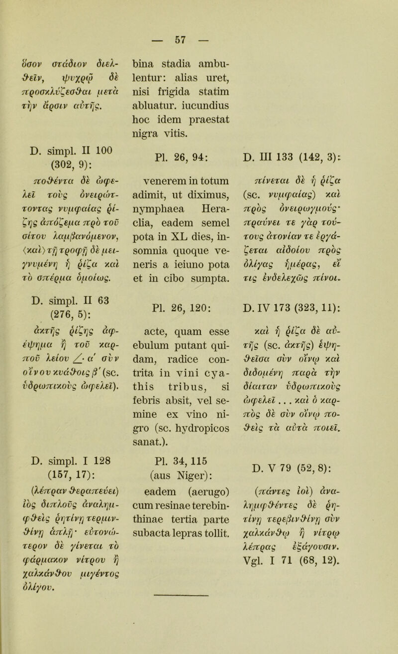 oaoy orddiop d^elVj ipi’XQV TTQOoyiXvt^od^aL (.letd, Ti]v aQGLV avTfjg. D. simpl. II 100 (302, 9): Ttod-evTCi Loq)e- kel Tovg oveLQMT- Tovrag vv(.ig)aiag qi- ^r^g aTtote^ia TtQO rov OLTOv AaLi(iav6f.ievoVj (y.al) Tfj TQOcpfi dh i-ieL- yvvf.i€vri fj Qi^a xai TO 07i€Q(.ia 6{.ioiwg. D. simpl. II 63 (276, 5): dxTfjg QtCi^g dcp- €lpTjf.ia 7] TOV XC(Q- 7tov keiov /• a avv oivov ‘/.vdd'Oig /j' (sc. vdQWTU'jiovg tocpekel). D. simpl. I 128 (167, 17): {XeTtqav d'^QaTcevei) log diTckovg dvakrjf.i- (pd'elg QrjTLVT] Teq^uv- d'ivrj aTtlfj • evTOvd)- Tsqov de yiveraL to (pdqf.iaKOv viTqov ^ Xa'kyidv&ov (.uyevTog okiyov. bina stadia ambu- lentur: alias uret, nisi frigida statim abluatur. iucundius hoc idem praestat nigra vitis. PI. 26, 94: venerem in totum adimit, ut diximus, nymphaea Hera- cha, eadem semel pota in XL dies, in- somnia quoque ve- neris a ieiuno pota et in cibo sumpta. PI. 26, 120: acte, quam esse ebulum pntant qui- dam, radice con- trita in vini cya- this tribus, si febris absit, vel se- mine ex vino ni- gro (sc. hydropicos sanat.). PI. 34,115 (aus Niger): eadem (aerugo) cum resinae terebin- thinae tertia parte subacta lepras toUit. D. ni 133 (142, 3): TtivETai de rj ql^a (sc. wf-upaiag) y.al Ttqog oveiqioy^iovg' Ttqavvei ts yhq tov~ TOvg aTOvlav tb eqyd- tsTai aidoLOv Tcqbg oXiyag fj(.ieqagy et Tig evdeleycug Ttivoi. D. IV 173 (323,11): Kat fj QiQa 0€ av- (sc. dxTfjg) eiprj- d^eloa Gvv oivcp xal didoj^ievrj Ttaqd Trjv diaiTav vdqwTtixovg cucpeXel.. . xai b Y.aq- TTog (3'e GVV oivw Tto- S^elg Tcc avTo. tcoleI, D. V 79 (52,8): (jtdvTsg iol) dva- Irjf.Kpd'hTsg de qr]- TiVT] Teqe§Lvd'Lvri gvv yaky.dvd'O) viTqto leTtqag e§dyovGiv. Vgl. I 71 (68, 12).
