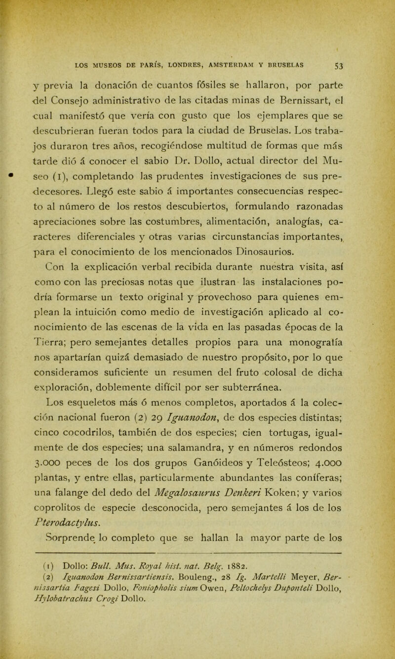 y previa la donación de cuantos fósiles se hallaron, por parte del Consejo administrativo de las citadas minas de Bernissart, el cual manifestó que vería con gusto que los ejemplares que se descubrieran fueran todos para la ciudad de Bruselas. Los traba- jos duraron tres años, recogiéndose multitud de formas que más tarde dió á conocer el sabio Dr. Dollo, actual director del Mu- seo (i), completando las prudentes investigaciones de sus pre- decesores. Llegó este sabio á importantes consecuencias respec- to al número de los restos descubiertos, formulando razonadas apreciaciones sobre las costumbres, alimentación, analogías, ca- racteres diferenciales y otras varias circunstancias importantes, para el conocimiento de los mencionados Dinosaurios. Con la explicación verbal recibida durante nuestra visita, así como con las preciosas notas que ilustran las instalaciones po- dría formarse un texto original y provechoso para quienes em- plean la intuición como medio de investigación aplicado al co- nocimiento de las escenas de la vida en las pasadas épocas de la Tierra; pero semejantes detalles propios para una monografía nos apartarían quizá demasiado de nuestro propósito, por lo que consideramos suficiente un resumen del fruto colosal de dicha exploración, doblemente difícil por ser subterránea. Los esqueletos más ó menos completos, aportados á la colec- ción nacional fueron (2) 29 Iguctnodon, de dos especies distintas; cinco cocodrilos, también de dos especies; cien tortugas, igual- mente de dos especies; una salamandra, y en números redondos 3.000 peces de los dos grupos Ganóideos y Teleósteos; 4.000 plantas, y entre ellas, particularmente abundantes las coniferas; una falange del dedo del Megalosaurus Denkeri Koken; y varios coprolitos de especie desconocida, pero semejantes á los de los Pterodactylus. Sorprende lo completo que se hallan la mayor parte de los (1) Dollo: Bull. Mus. Roy al hist. nat. Belg. 1882. (2) Iguanodon Bernissartiensis. Bouleng., 28 Ig. Martelli Meyer, Ber- ■ ?iissartia Fagesi Dollo, Foniopholis sium Owen, Pellochelys Duponteli Dollo, Hylobatrachus Crogi Dollo.