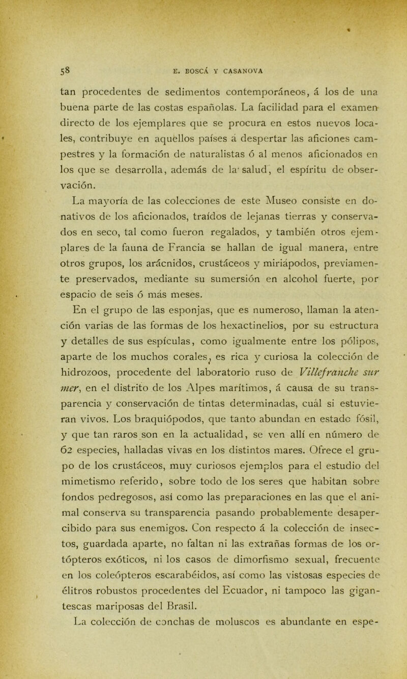 tan procedentes de sedimentos contemporáneos, á los de una buena parte de las costas españolas. La facilidad para el examen directo de los ejemplares que se procura en estos nuevos loca- les, contribuye en aquellos países a despertar las aficiones cam- pestres y la formación de naturalistas ó al menos aficionados en los que se desarrolla, además de la-salud, el espíritu de obser- vación. La mayoría de las colecciones de este Museo consiste en do- nativos de los aficionados, traídos de lejanas tierras y conserva- dos en seco, tal como fueron regalados, y también otros ejem- plares de la fauna de Francia se hallan de igual manera, entre otros grupos, los arácnidos, crustáceos y miriápodos, previamen- te preservados, mediante su sumersión en alcohol fuerte, por espacio de seis ó más meses. En el grupo de las esponjas, que es numeroso, llaman la aten- ción varias de las formas de los hexactinelios, por su estructura y detalles de sus espículas, como igualmente entre los pólipos, aparte de los muchos corales, es rica y curiosa la colección de hidrozoos, procedente del laboratorio ruso de Villejranche sur mer, en el distrito de los Alpes marítimos, á causa de su trans- parencia y conservación de tintas determinadas, cual si estuvie- ran vivos. Los braquiópodos, que tanto abundan en estado fósil, y que tan raros son en la actualidad, se ven allí en número de 62 especies, halladas vivas en los distintos mares. Ofrece el gru- po de los crustáceos, muy curiosos ejemplos para el estudio del mimetismo referido, sobre todo de los seres que habitan sobre fondos pedregosos, así como las preparaciones en las que el ani- mal conserva su transparencia pasando probablemente desaper- cibido para sus enemigos. Con respecto á la colección de insec- tos, guardada aparte, no faltan ni las extrañas formas de los or- tópteros exóticos, ni los casos de dimorfismo sexual, frecuente en los coleópteros escarabéidos, así como las vistosas especies de élitros robustos procedentes del Ecuador, ni tampoco las gigan- tescas mariposas del Brasil. La colección de conchas de moluscos es abundante en espe-