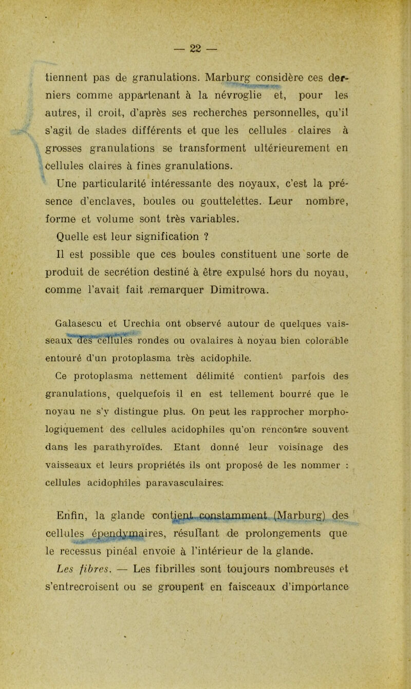tiennent pas de granulations. Marburg considère ces der- niers comme appartenant à la névroglie et, pour les autres, il croit, d’après ses recherches personnelles, qu’il s’agit de stades différents et que les cellules claires à grosses granulations se transforment ultérieurement en cellules claires à fines granulations. Une particularité intéressante des noyaux, c’est la pré- sence d’enclaves, boules ou gouttelettes. Leur nombre, forme et volume sont très variables. Quelle est leur signification ? Il est possible que ces boules constituent une sorte de produit de secrétion destiné à être expulsé hors du noyau, comme l’avait fait remarquer Dimitrowa. I Galasescu et Urechia ont observé autour de quelques vais- seaux dès cellules rondes ou ovalaires à noyau bien colorable entouré d’un protoplasma très acidophile. Ce protoplasma nettement délimité contient parfois des granulations, quelquefois il en est tellement bourré que le noyau ne s’v distingue plus. On peut les rapprocher morpho- logiquement des cellules acidophiles qu’on rencontre souvent dans les parathyroïdes. Etant donné leur voisinage des vaisseaux et leurs propriétés ils ont proposé de les nommer : cellules acidophiles paravasculaires. Enfin, la glande contient constamment (Marburg) des cellules épendymaires, résultant >de prolongements que le recessus pinéal envoie à l’intérieur de la glande. Les fibres. — Les fibrilles sont toujours nombreuses et s’entrecroisent ou se groupent en faisceaux d’importance