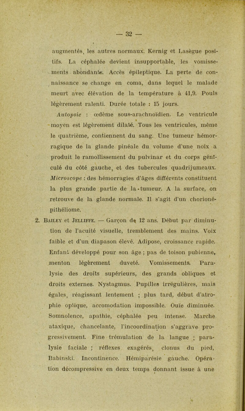 augmentés, les autres normaux. Kernig et Lasègue posi- tifs. La céphalée devient insupportable, les vomisse- ments abondante. Accès épileptique. La perte de con- naissance se change en coma, dans lequel le malade meurt avec élévation de la température à 41,9. Pouls légèrement ralenti. Durée totale : 15 jours. Autopsie : œdème sous-arachnoïdien. Le ventricule moyen est légèrement dilatié. Tous les ventricules, même le quatrième, contiennent du sang. Une tumeur hémor- ragique de la glande pinéale du volume d’une noix a produit le ramollissement du pulvinar et du corps génl- culé du côté gauche, et des tubercules quadrijumeaux. Microscope : des hémorragies d’âges différents constituent la plus grande partie de la «tumeur. A la surface, on retrouve de la glande normale. Il s’agit d’un chorioné- pithéliome. 2. Bailey et Jelliffe. — Garçon de 12 ans. Début par diminu- tion de l’acuité visuelle, tremblement des mains. Voix faible et d’un diapason élevé. Adipose, croissance rapide. Enfant développé pour son âge ; pas de toison pubienne, menton légèrement duveté. Vomissements. Para- lysie des droits supérieurs, des grands obliques et droits externes. Nystagmus. Pupilles irrégulières, mais égales, réagissant lentement ; plus tard, début d’atro- phie optique, accomodation impossible. Ouïe diminuée. Somnolence, apathie, céphalée peu intense. Marche ataxique, chancelante, l’incoordination s’aggrave pro- gressivement. Fine trémulation de la langue ; para- lysie faciale ; réflexes exagérés, clonus du pied, Babinski. Incontinence. Hémiparésie gauche. Opéra- tion décompressive en deux temps donnant issue à une