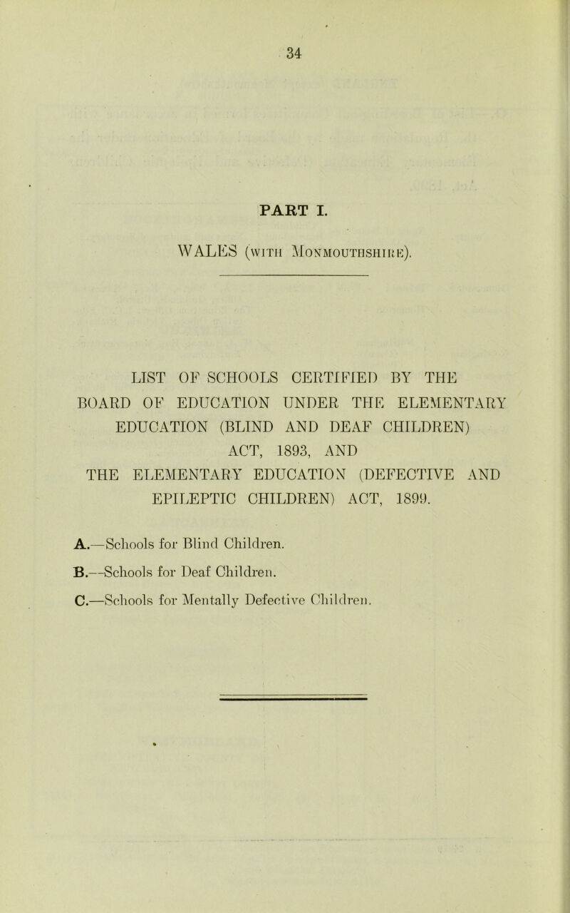 PART I. WALES (with Monmouthshire). LIST OF SCHOOLS CERTIFIED BY THE BOARD OF EDUCATION UNDER THE ELEMENTARY EDUCATION (BLIND AND DEAF CHILDREN) ACT, 1893, AND THE ELEMENTARY EDUCATION (DEFECTIVE AND EPILEPTIC CHILDREN) ACT, 1899. A. —Schools for Blind Children. B. —Schools for Deaf Children. C. —Schools for Mentally Defective Children.