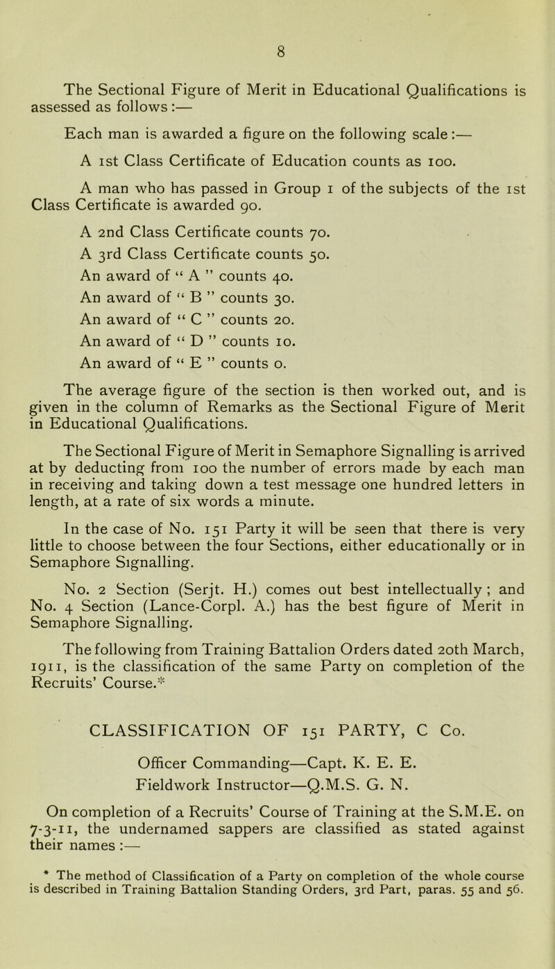 The Sectional Figure of Merit in Educational Qualifications is assessed as follows :— Each man is awarded a figure on the following scale:— A ist Class Certificate of Education counts as ioo. A man who has passed in Group i of the subjects of the ist Class Certificate is awarded go. A 2nd Class Certificate counts 70. A 3rd Class Certificate counts 50. An award of “ A ” counts 40. An award of “ B ” counts 30. An award of “ C ” counts 20. An award of “ D ” counts 10. An award of “ E ” counts o. The average figure of the section is then worked out, and is given in the column of Remarks as the Sectional Figure of Merit in Educational Qualifications. The Sectional Figure of Merit in Semaphore Signalling is arrived at by deducting from 100 the number of errors made by each man in receiving and taking down a test message one hundred letters in length, at a rate of six words a minute. In the case of No. 151 Party it will be seen that there is very little to choose between the four Sections, either educationally or in Semaphore Signalling. No. 2 Section (Serjt. H.) comes out best intellectually ; and No. 4 Section (Lance-Corpl. A.) has the best figure of Merit in Semaphore Signalling. The following from Training Battalion Orders dated 20th March, 1911, is the classification of the same Party on completion of the Recruits’ Course.* CLASSIFICATION OF 151 PARTY, C Co. Officer Commanding—Capt. K. E. E. Fieldwork Instructor—Q.M.S. G. N. On completion of a Recruits’ Course of Training at the S.M.E. on 7-3-11, the undernamed sappers are classified as stated against their names :— * The method of Classification of a Party on completion of the whole course is described in Training Battalion Standing Orders, 3rd Part, paras. 55 and 56.