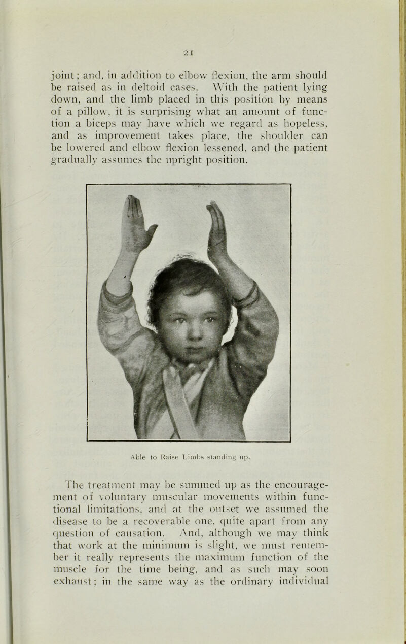 joint; and, in addition to elbow flexion, the arm should be raised as in deltoid cases. With the patient lying down, and the limb placed in this position by means of a pillow, it is surprising what an amount of func- tion a biceps may have which we regard as hopeless, and as improvement takes place, the shoulder can be lowered and elbow flexion lessened, and the patient gradually assumes the upright position. Able to Raise Limbs standing np. The treatment may be summed up as the encourage- ment of voluntary muscular movements within func- tional limitations, and at the outset we assumed the disease to be a recoverable one, quite apart from any question of causation. And, although we may think that work at the minimum is slight, we must remem- ber it really represents the maximum function of the muscle for the time being, and as such may soon exhaust; in the same way as the ordinary individual