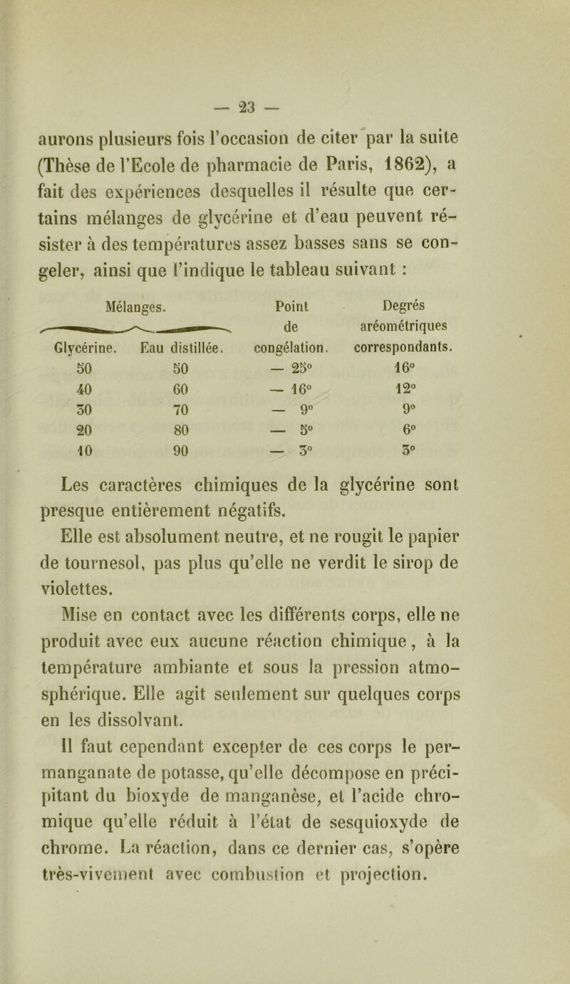 aurons plusieurs fois l’occasion de citer par la suite (Thèse de l’Ecole de pharmacie de Paris, 1862), a fait des expériences desquelles il résulte que cer- tains mélanges de glycérine et d’eau peuvent ré- sister à des températures assez basses sans se con- geler, ainsi que l’indique le tableau suivant : Mélanges. Point Degrés ^ - de aréométriques Glycéri ne. Eau distillée. congélation. correspondants. 50 50 — 25° 16° 40 60 — 16° 12° 30 70 — 9° 9° 20 80 — 5° 6° 10 0 0 1 01 O 3° Les caractères chimiques de la glycérine sont presque entièrement négatifs. Elle est absolument neutre, et ne rougit le papier de tournesol, pas plus qu’elle ne verdit le sirop de violettes. Mise en contact avec les différents corps, elle ne produit avec eux aucune réaction chimique, à la température ambiante et sous la pression atmo- sphérique. Elle agit seulement sur quelques corps en les dissolvant. 11 faut cependant excepter de ces corps le per- manganate de potasse, qu’elle décompose en préci- pitant du bioxyde de manganèse, et l’acide chro- mique qu’elle réduit à l’état de sesquioxyde de chrome. La réaction, dans ce dernier cas, s’opère très-vivement avec combustion et projection.