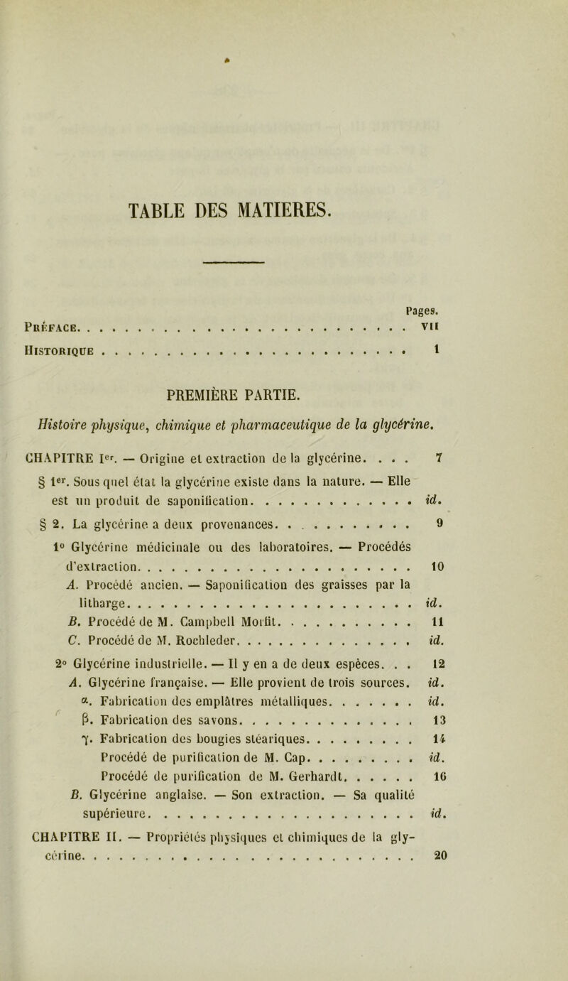 TABLE DES MATIERES. Pages. Préface vu Historique 1 PREMIÈRE PARTIE. Histoire physique, chimique et pharmaceutique de la glycérine. CHAPITRE Ier. — Origine el extraction delà glycérine. ... 7 § 1er. Sous quel état la glycérine existe dans la nature. — Elle est un produit de saponiticalion id. § 2. La glycérine a deux provenances. . 9 1° Glycérine médicinale ou des laboratoires. — Procédés d'extraction 10 A. Procédé ancien. — Saponification des graisses par la litharge id. B. Procédé de M. Campbell Mortit 11 C. Procédé de M. Rochleder id. 2° Glycérine industrielle. — Il y en a de deux espèces. . . 12 A. Glycérine française. — Elle provient de trois sources, id. Fabrication des emplâtres métalliques id. P. Fabrication des savons 13 T. Fabrication des bougies stéariques li Procédé de purification de M. Cap id. Procédé de purification de M. Gerhardt IG B. Glycérine anglaise. — Son extraction. — Sa qualité supérieure id. CHAPITRE II. — Propriétés physiques el chimiques de la gly- cérine 20