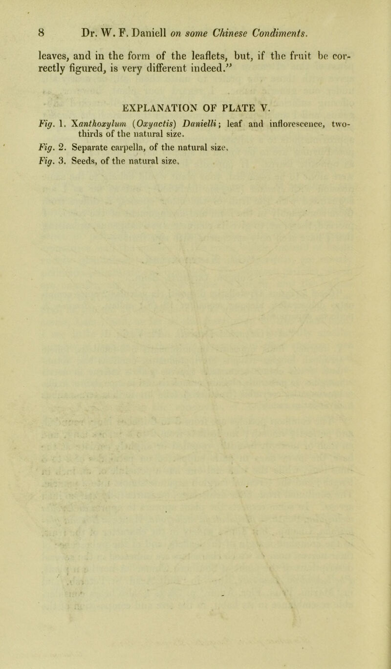leaves, and in the form of the leaflets, but, if the fruit be cor rectly figured, is very different indeed.” EXPLANATION OF PLATE V. Fig. 1. Xanthoxylum (Oxyactis) Danielli; leaf and inflorescence, two thirds of the natural size. Fig. 2. Separate carpella, of the natural size. Fig. 3. Seeds, of the natural size.