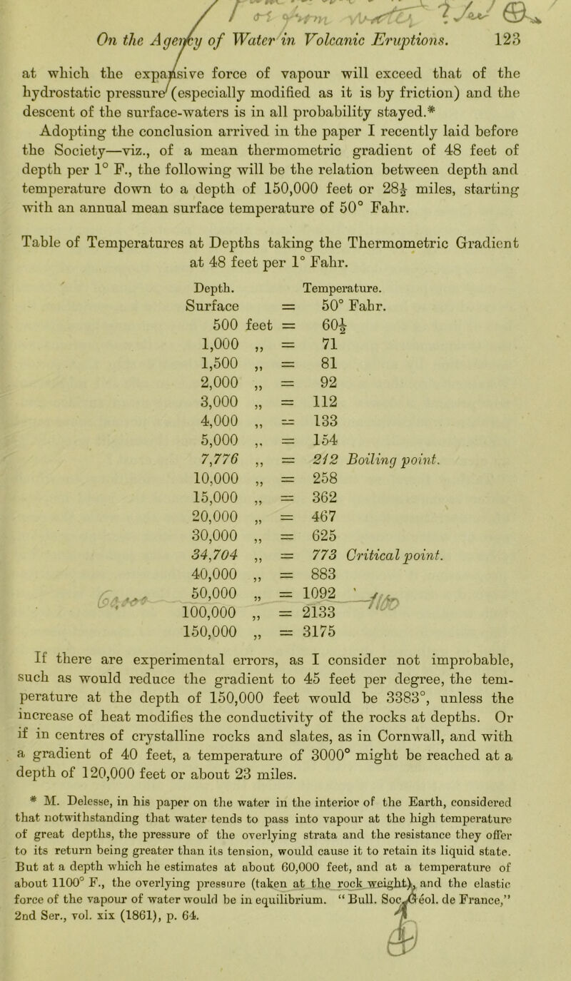 at which the expansive force of vapour will exceed that of the hydrostatic pressure* (especially modified as it is by friction) and the descent of the surface-waters is in all probability stayed.* Adopting the conclusion arrived in the paper I recently laid before the Society—viz., of a mean thermometric gradient of 48 feet of depth per 1° F., the following will be the relation between depth and temperature down to a depth of 150,000 feet or 28^- miles, starting with an annual mean surface temperature of 50° Fahr. Table of Temperatures at Depths taking the Thermometric Gradient at 48 feet per 1° Fahr. Depth. Temperature. Surface — 50° Fahr. 500 feet — 60i 1,000 55 71 1,500 55 81 2,000 5) 92 3,000 55 = 112 4,000 55 — 133 5,000 V — 154 7,776 55 — 212 Boiling point. 10,000 55 258 15,000 55 = 362 20,000 55 467 30,000 55 — 625 34,704 55 = 773 Critical point. 40,000 55 883 50,000 100,000 55 55 = 1092 : 2133 150,000 55 — 3175 mental errors. , as I consider not im such as would reduce the gradient to 45 feet per degree, the tem- perature at the depth of 150,000 feet would be 3383°, unless the increase of heat modifies the conductivity of the rocks at depths. Or if in centres of crystalline rocks and slates, as in Cornwall, and with a gradient of 40 feet, a temperature of 3000° might be reached at a depth of 120,000 feet or about 23 miles. * M. Delesse, in his paper on the water in the interior of the Earth, considered that notwithstanding that water tends to pass into vapour at the high temperature of great depths, the pressure of the overlying strata and the resistance they offer to its return being greater than its tension, would cause it to retain its liquid state. But at a depth which he estimates at about 60,000 feet, and at a temperature of about 1100° F., the overlying pressure (taken at the rock weight), and the elastic force of the vapour of water would be in equilibrium. “ Bull. Soc^Geol. de France,” 2nd Ser., vol. xix (1861), p. 64.